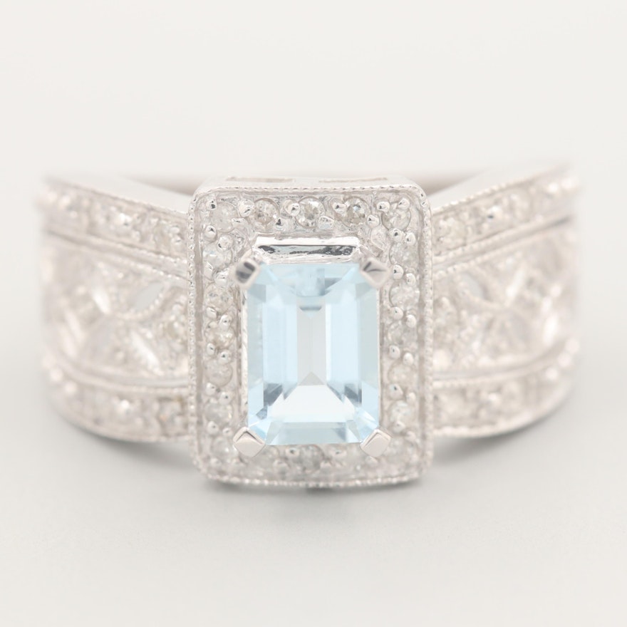 10K White Gold Aquamarine and Diamond Ring