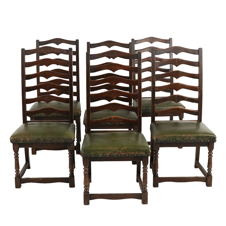 Set of Six Spanish Baroque Style Oak Ladderback Side Chairs, Late 20th Century