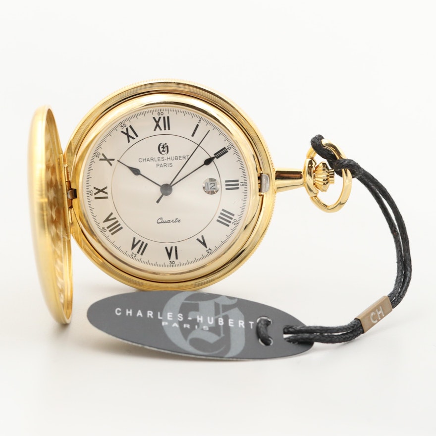 Charles - Hubert Gold Tone Quartz Pocket Watch With Date