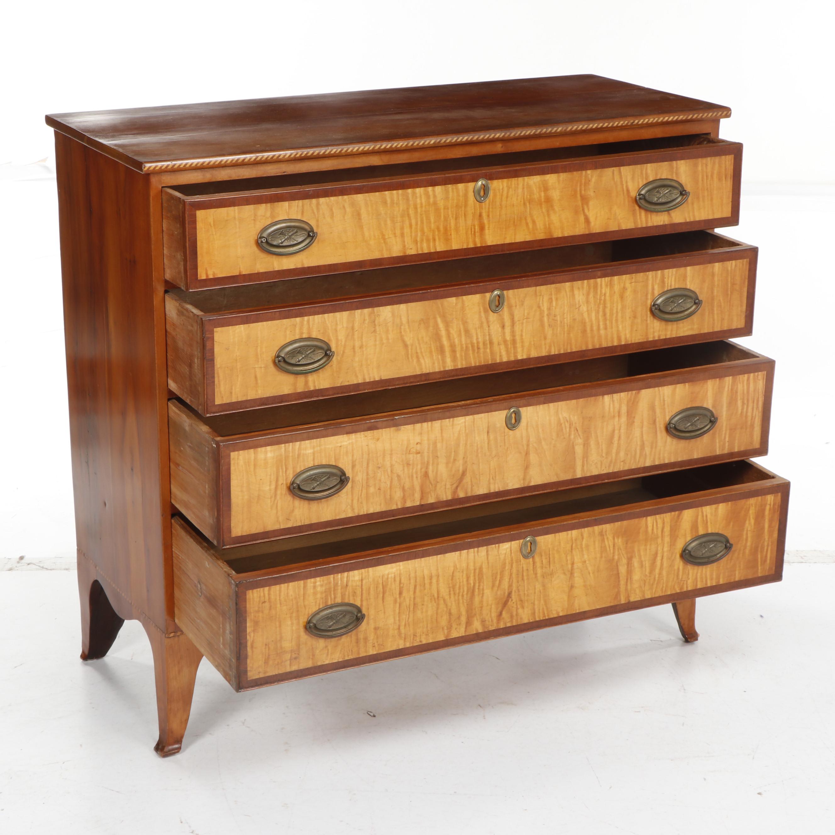 Hepplewhite Cherry and Birch Veneered Four Drawer Chest, Circa 1815