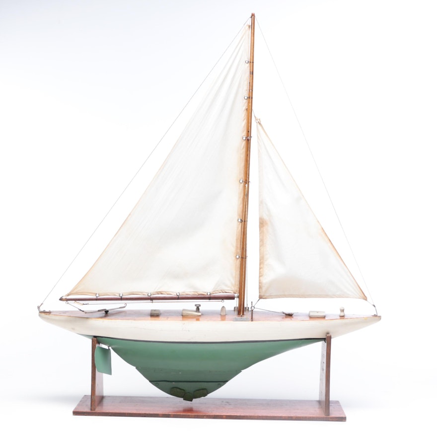 Model Wooden Sailboat and Stand, Vintage
