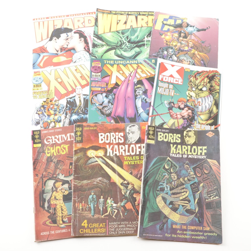 Comic Books Featuring X-Men, X-Force, Boris Karloff, Grimm's, and Wizard