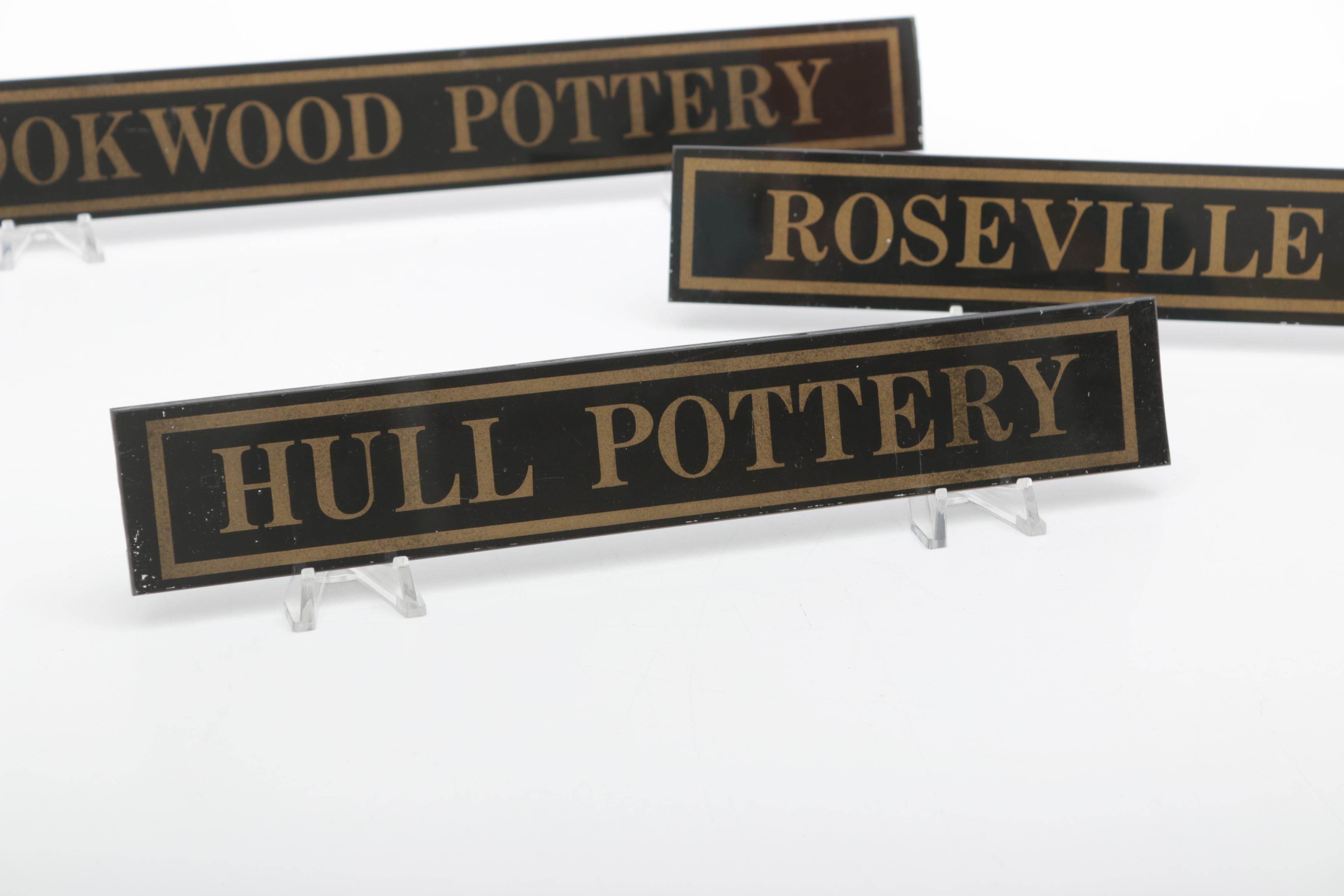 Glass Display Signs for Rookwood, Roseville, and Hull Pottery
