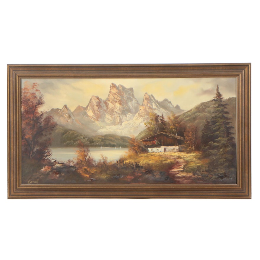 Mid Century Alpine Chalet Landscape Oil Painting