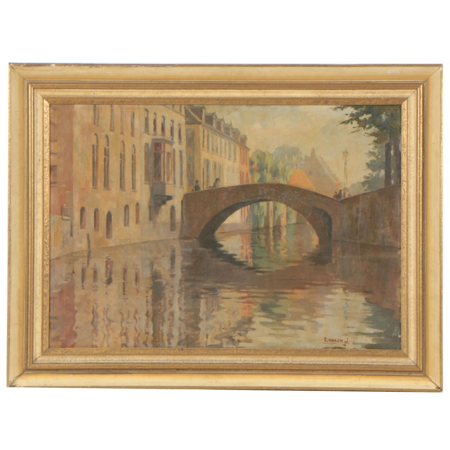 Early 20th Century Canal Scene Oil Painting