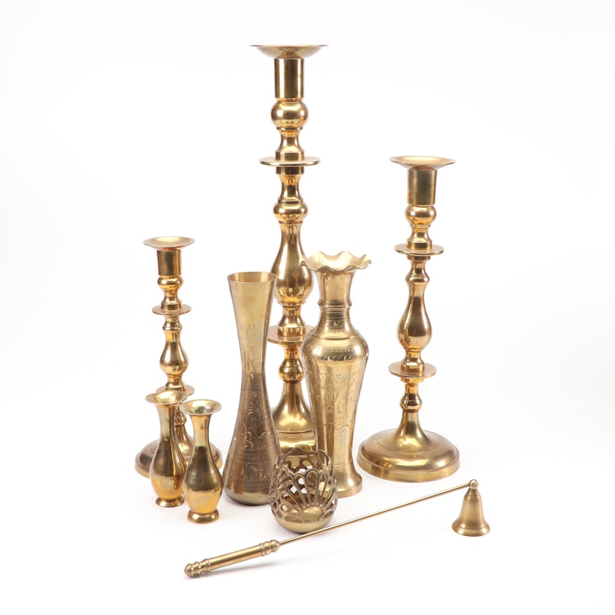 Turned and Etched Brass Vases and Candlesticks with Snuffer