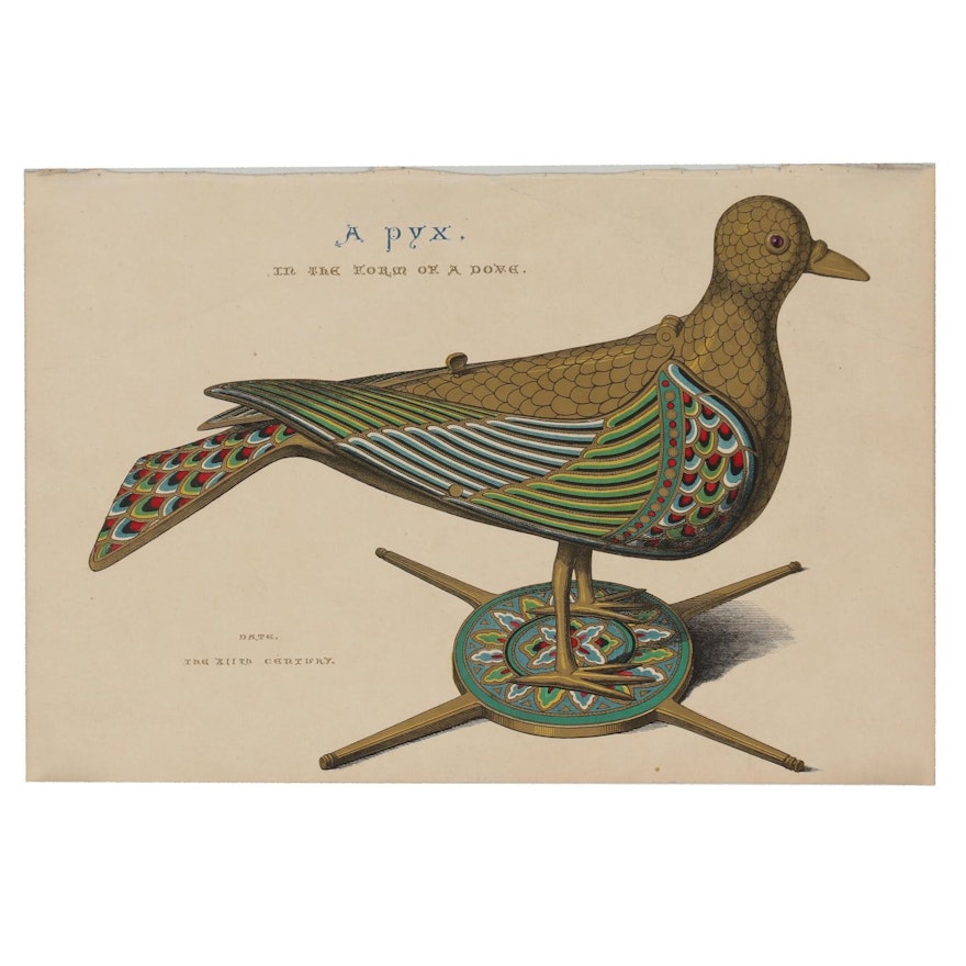 Late 19th Century Hand-Colored Wood Engraving "A Pyx. In the Form of a Dove."