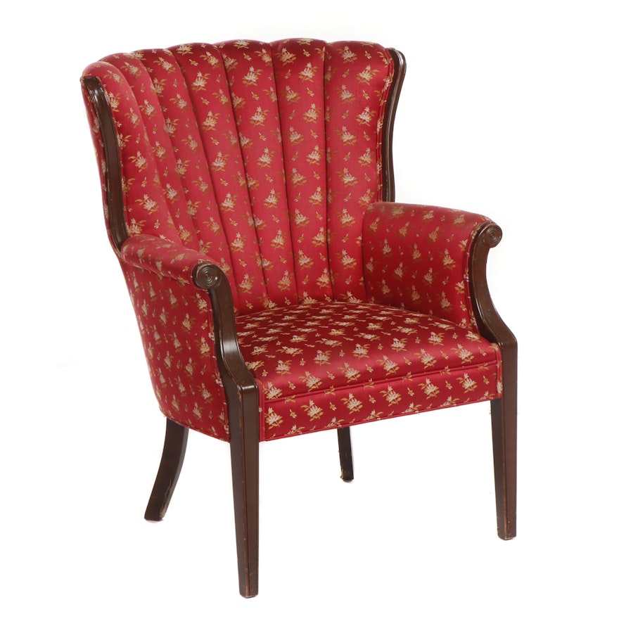 Red Brocade Upholstered Channel Back Armchair, Late 20th Century