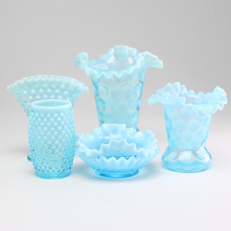 Fenton Blue Hobnail and Coin Dot Depression Glass Vases and Nut Dishes