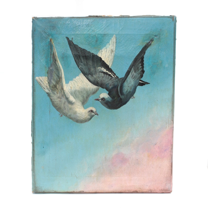 Oil Painting of Doves, Circa Late 19th Century