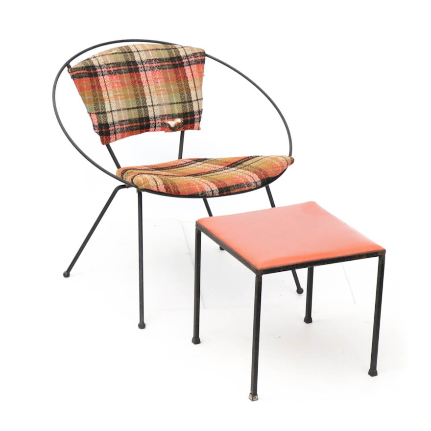 Tony Paul Hoop Chair and Unknown Metal Framed Ottoman, Mid-Century