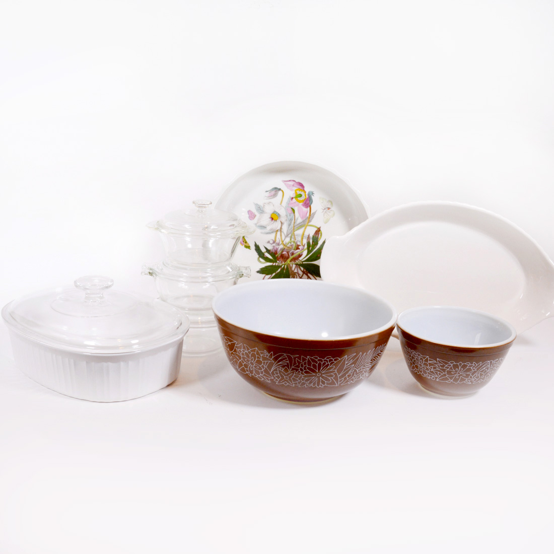 Pyrex "Woodland" Mixing Bowls with Corningware and Portmeirion Bakeware