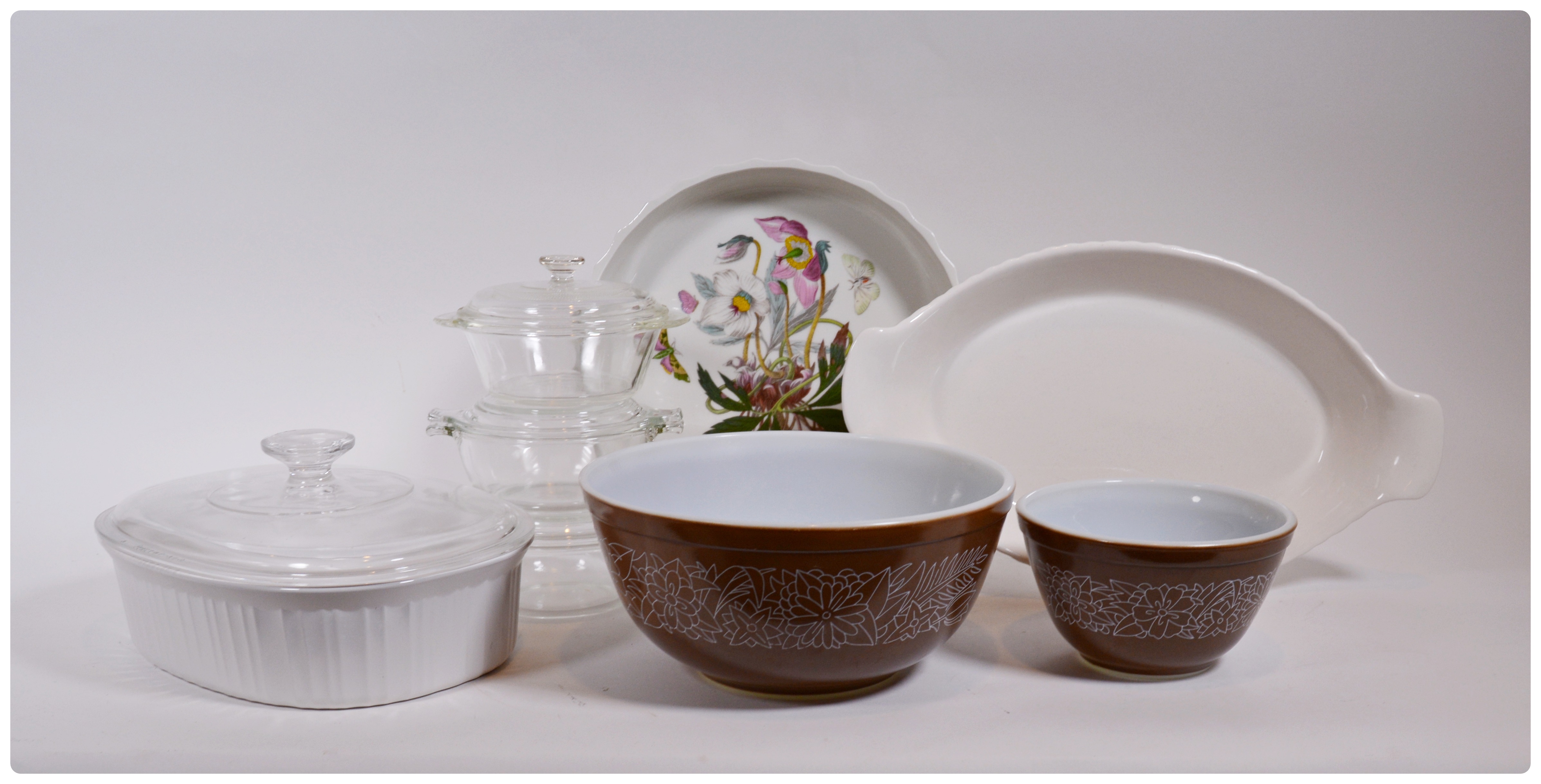 Pyrex "Woodland" Mixing Bowls with Corningware and Portmeirion Bakeware
