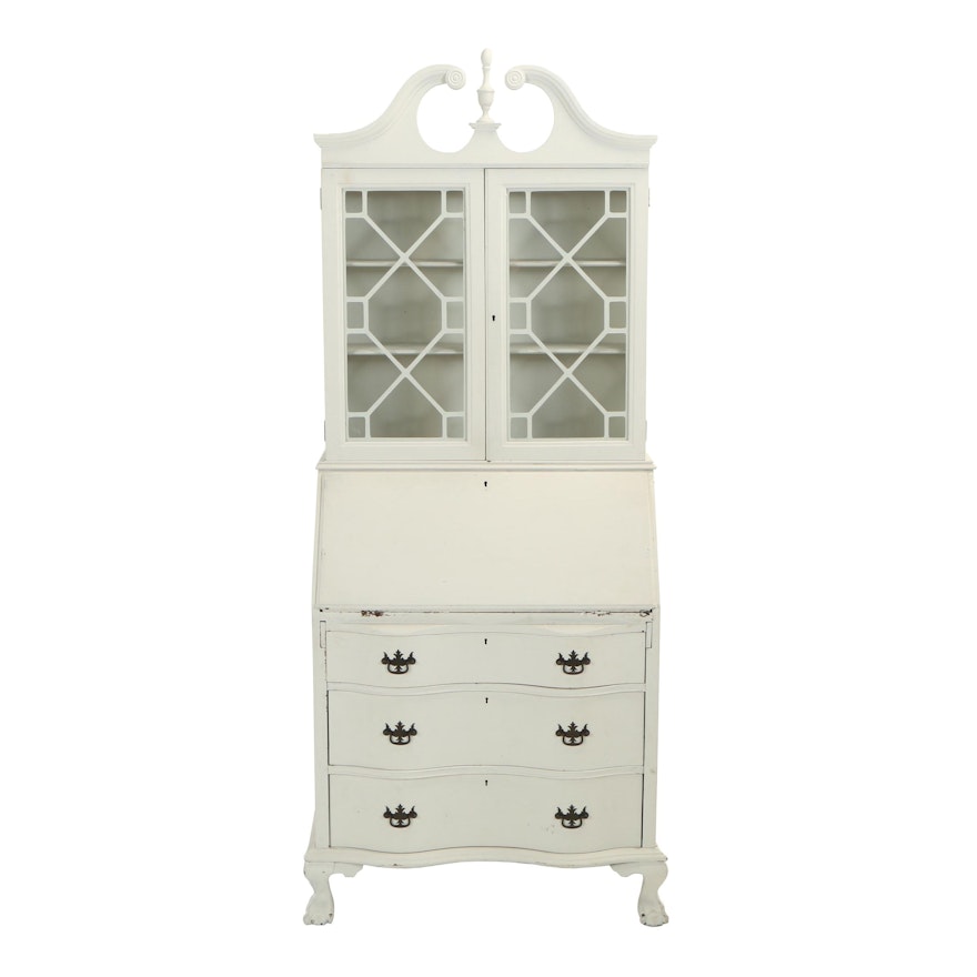 Chippendale Style White-Painted Secretary Bookcase, 20th Century