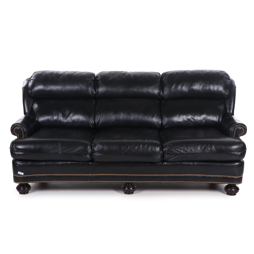 Leathercraft Transitional Black Studded Leather Sofa, Contemporary