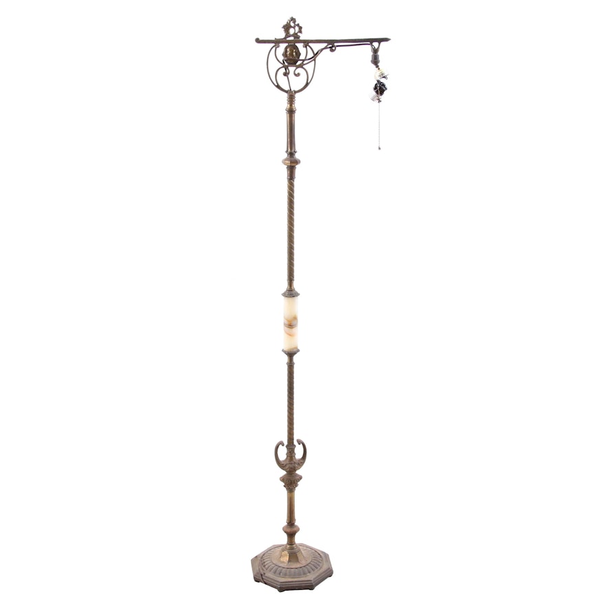 Brass and Marble Bridge Arm Floor Lamp, Mid-Century