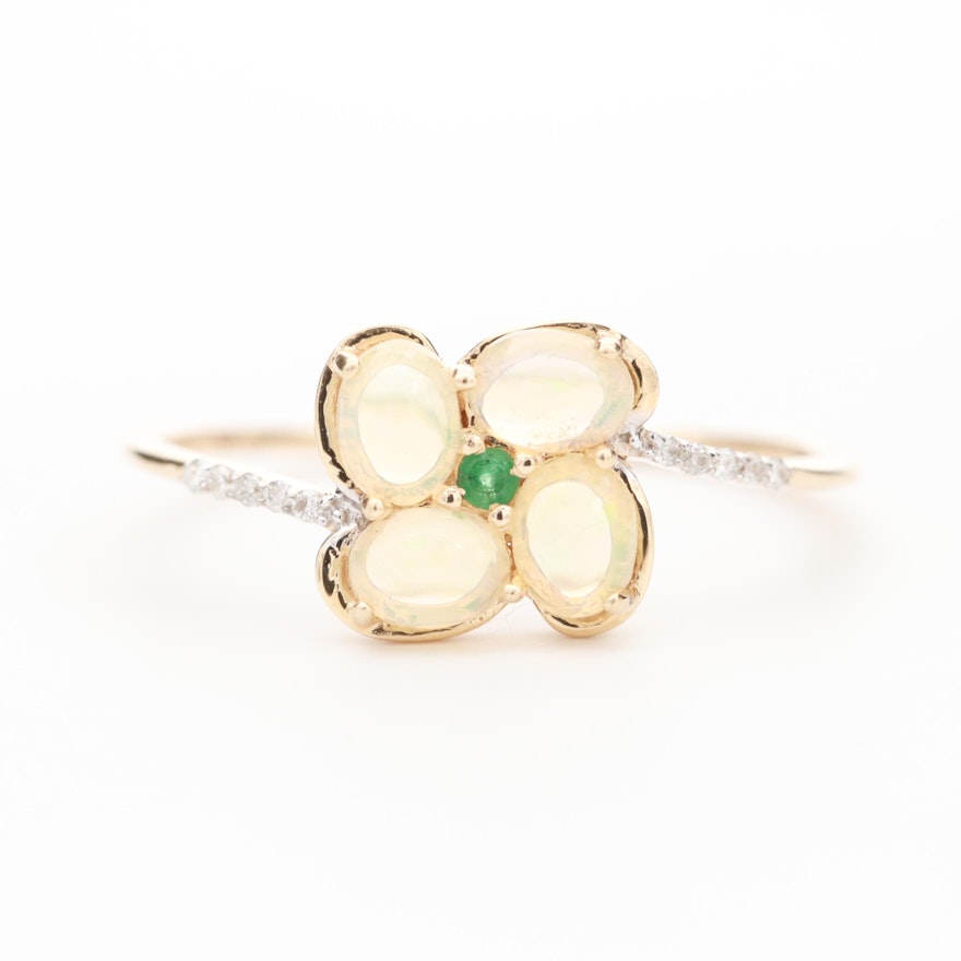 14K Yellow Gold Opal, Emerald and Diamond Floral Design Ring