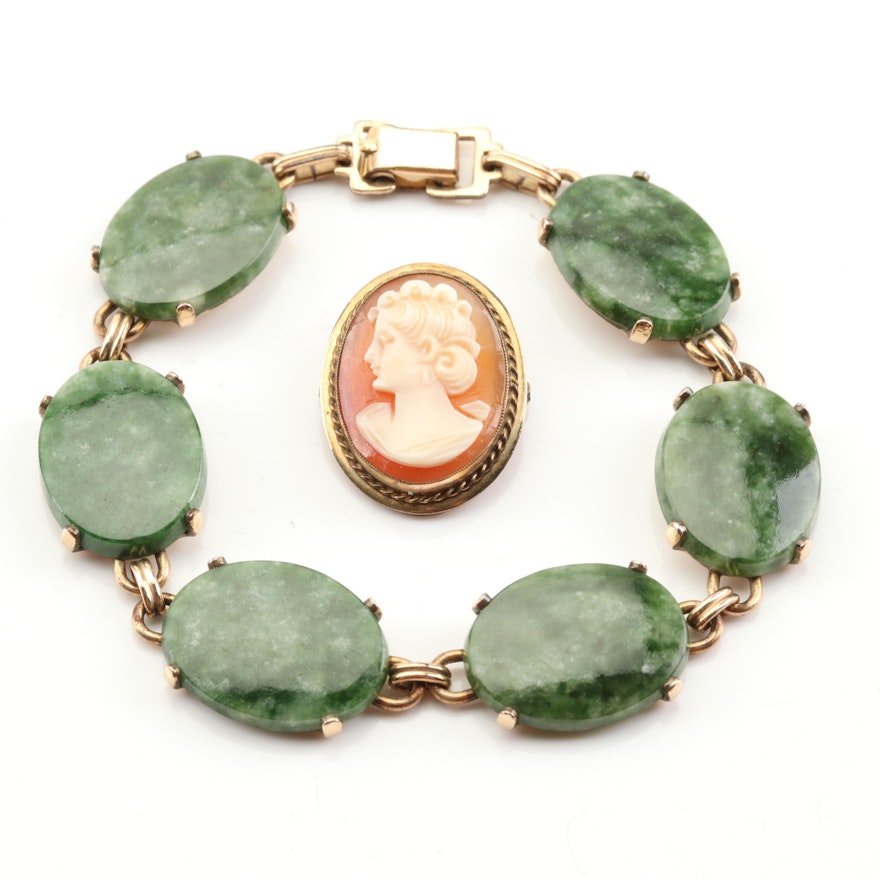 Gold Filled Cameo Brooch and Nephrite Bracelet