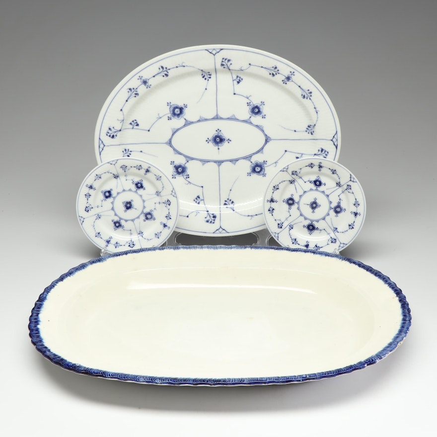 Leeds Ironstone "Blue Feather" Platter with Royal Copenhagen Dishes