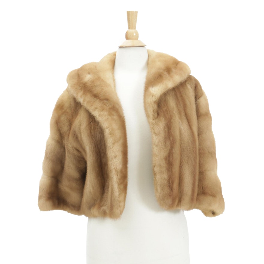 Tawny Mink Fur Crop Jacket with Shawl Collar and Brocade Lining, Vintage
