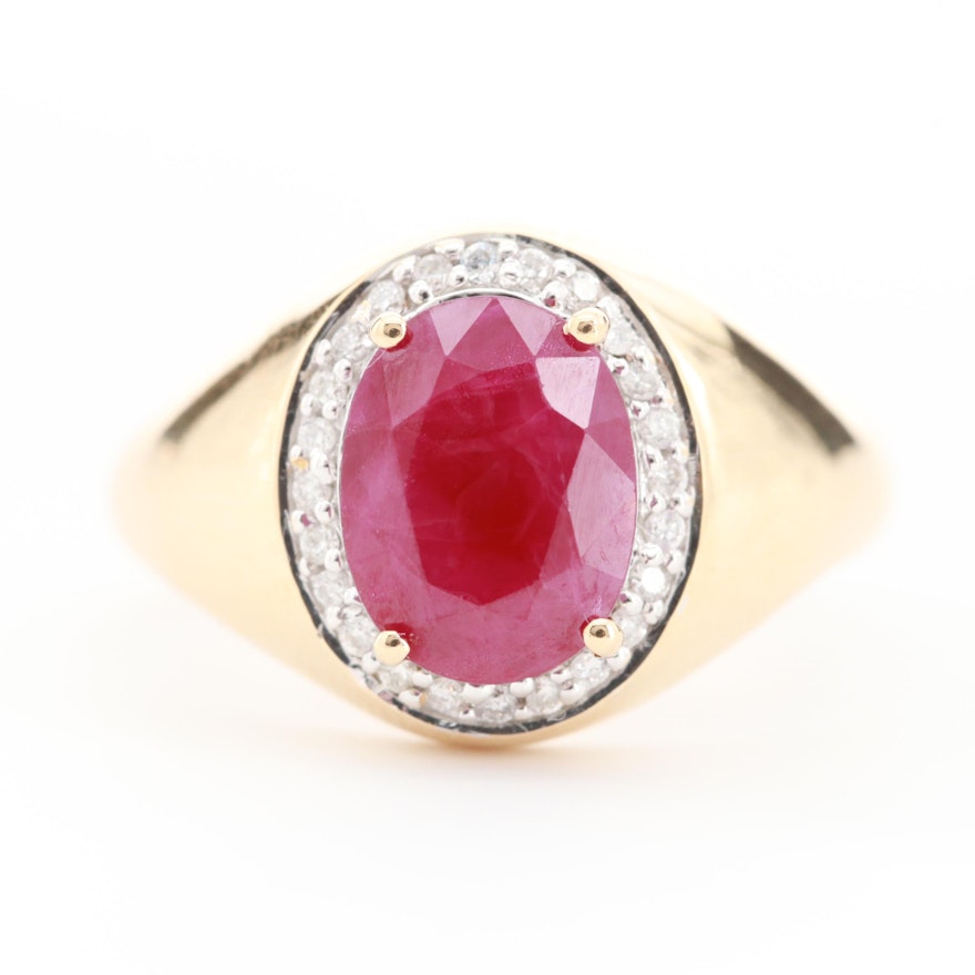 14K Yellow Gold Ruby with Diamond Halo Design Ring