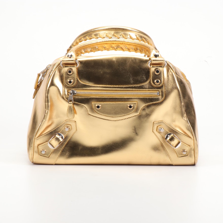 Balenciaga Paris Gold Metallic Patent Leather Bowler Handbag with Pocket Mirror