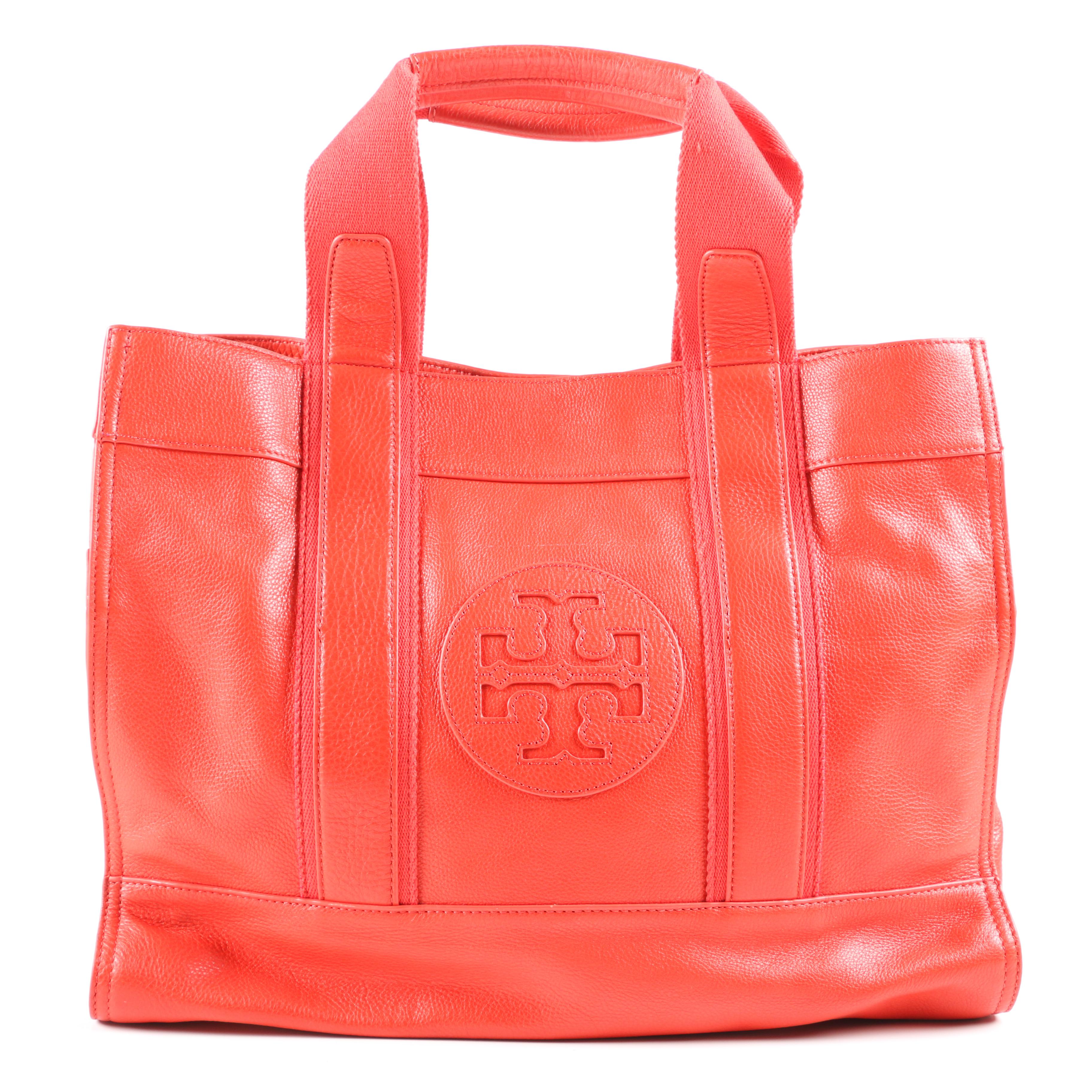 Tory Burch Pebbled Leather Tote Bag in Orange Coral