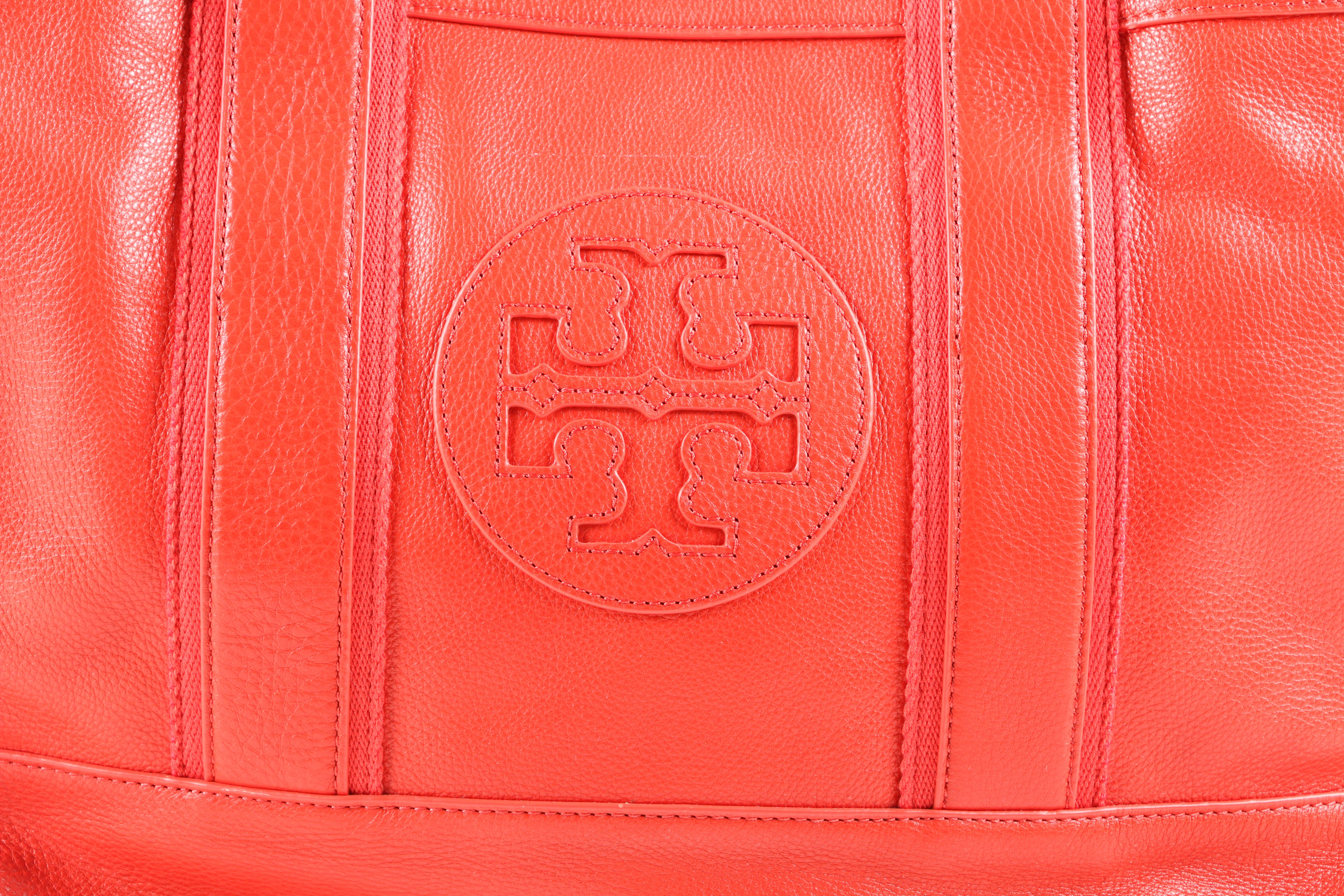 Tory Burch Pebbled Leather Tote Bag in Orange Coral