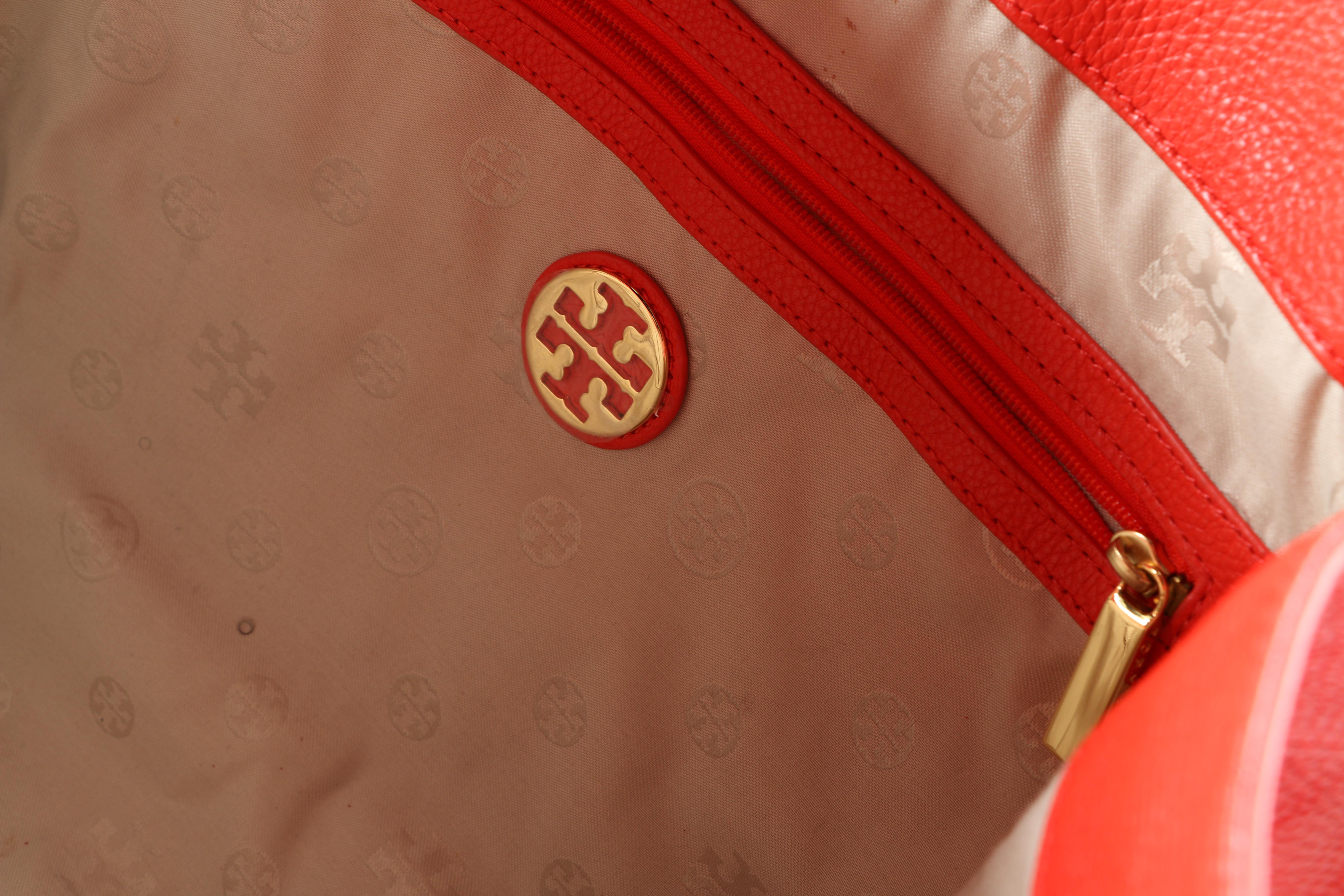 Tory Burch Pebbled Leather Tote Bag in Orange Coral