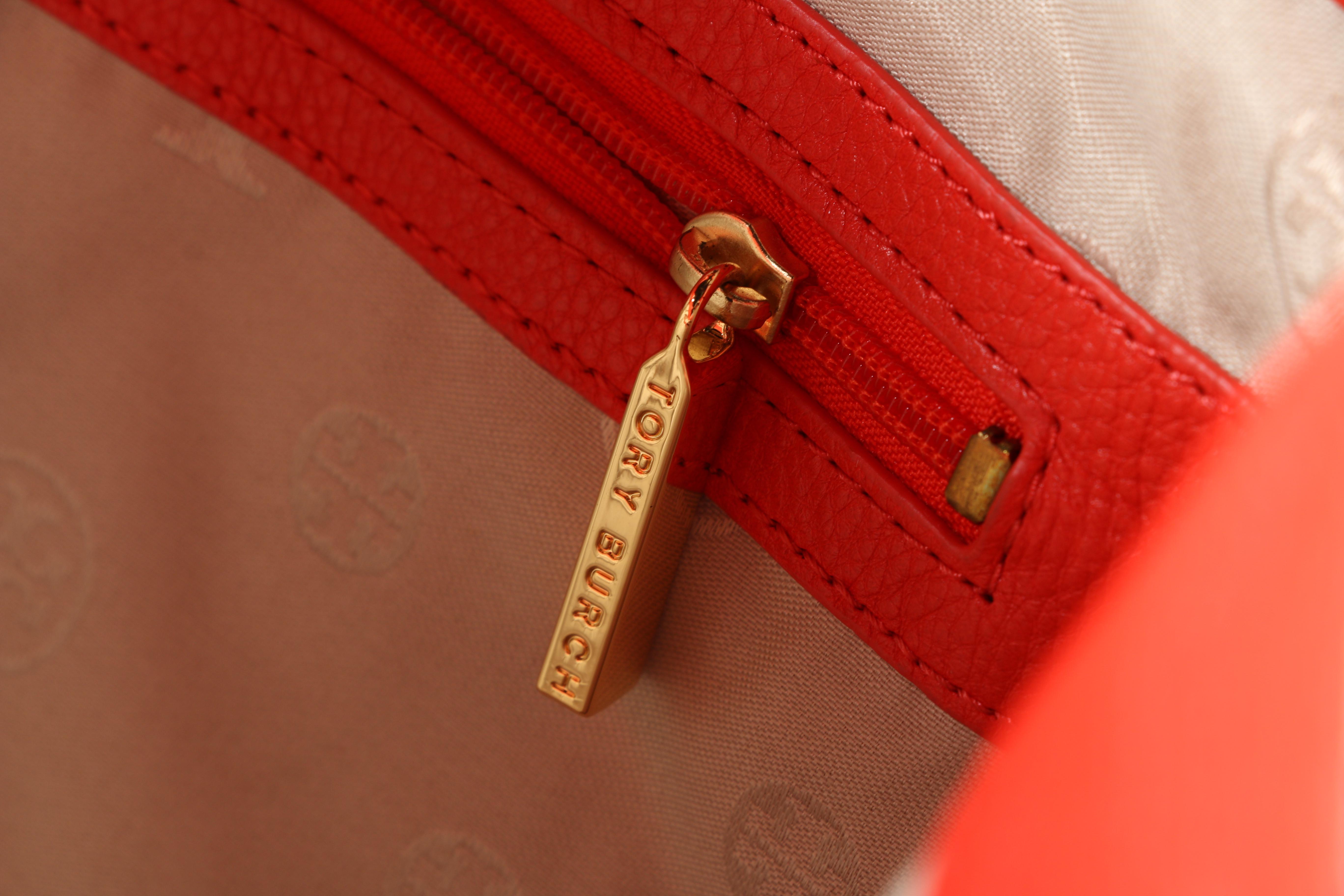 Tory Burch Pebbled Leather Tote Bag in Orange Coral