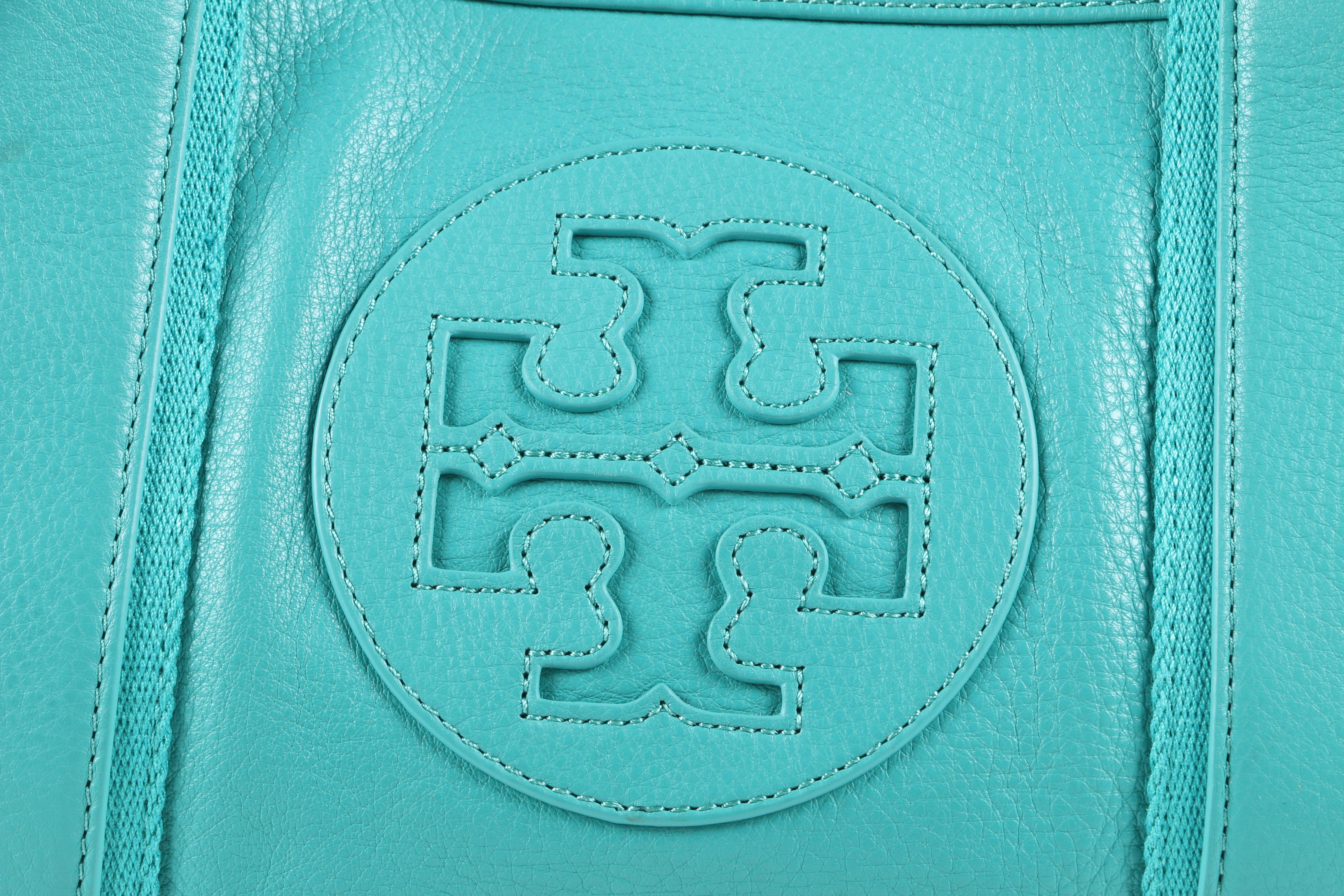 Tory Burch Turquoise Pebbled Leather Tote Bag