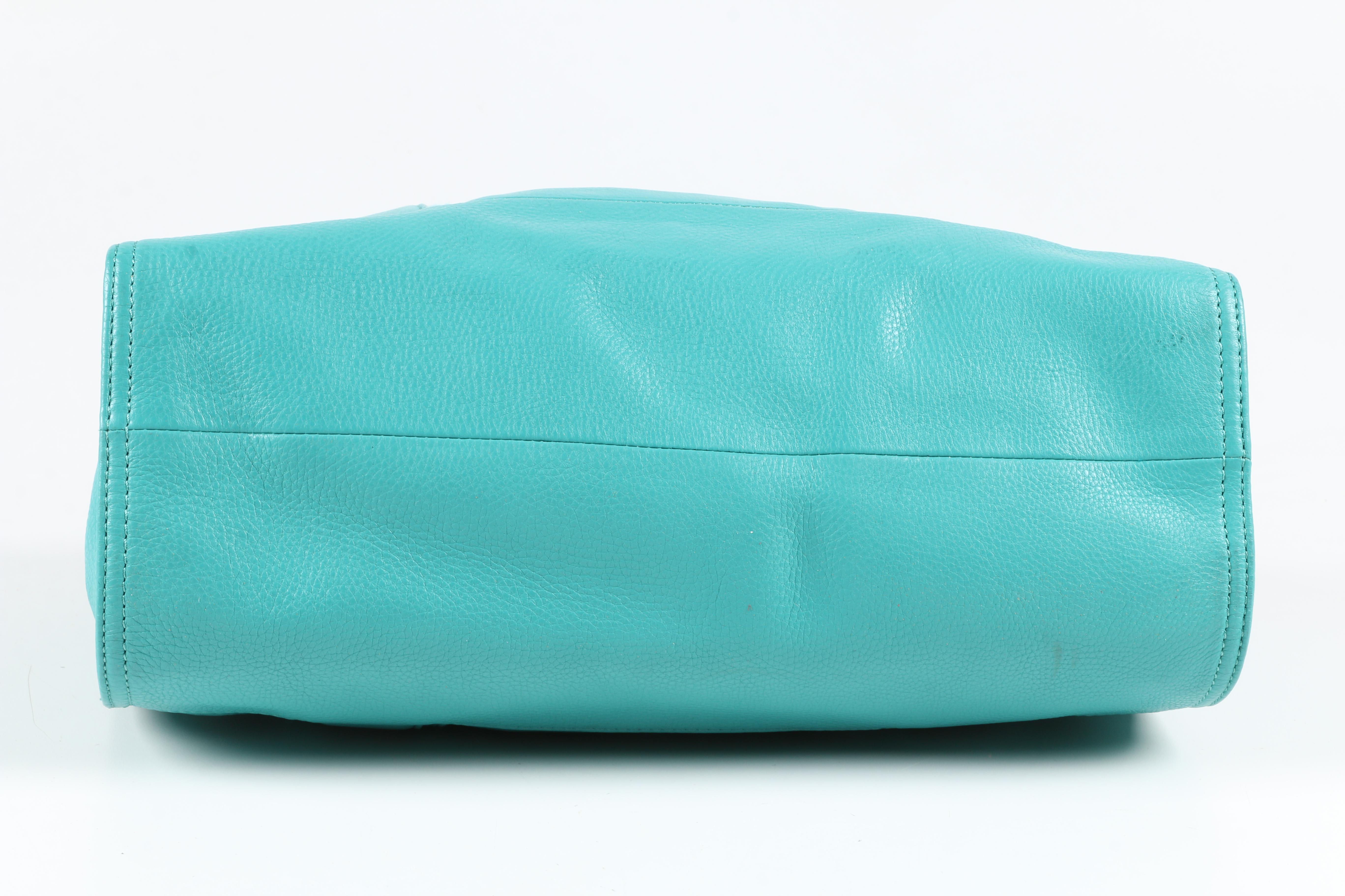 Tory Burch Turquoise Pebbled Leather Tote Bag