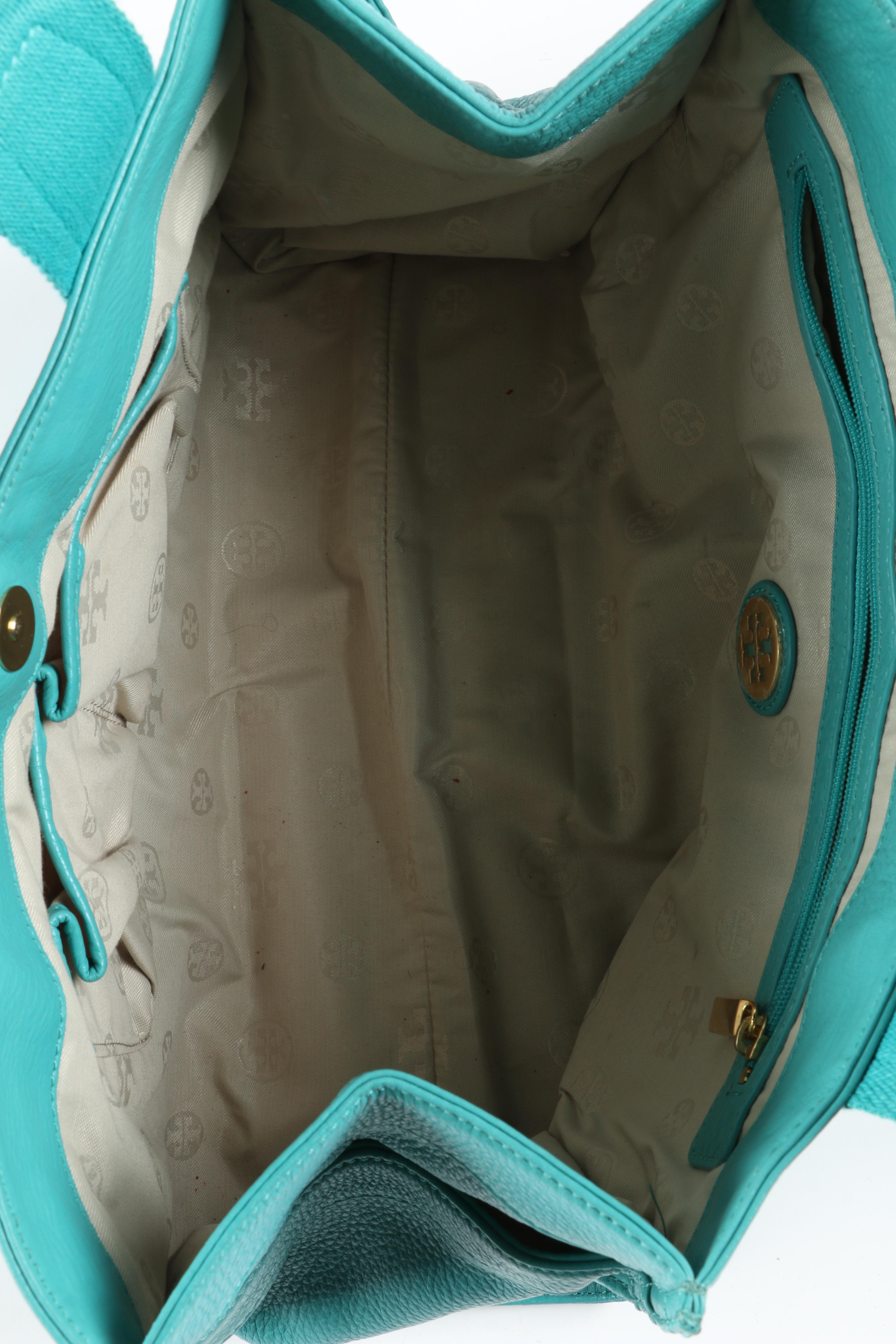 Tory Burch Turquoise Pebbled Leather Tote Bag