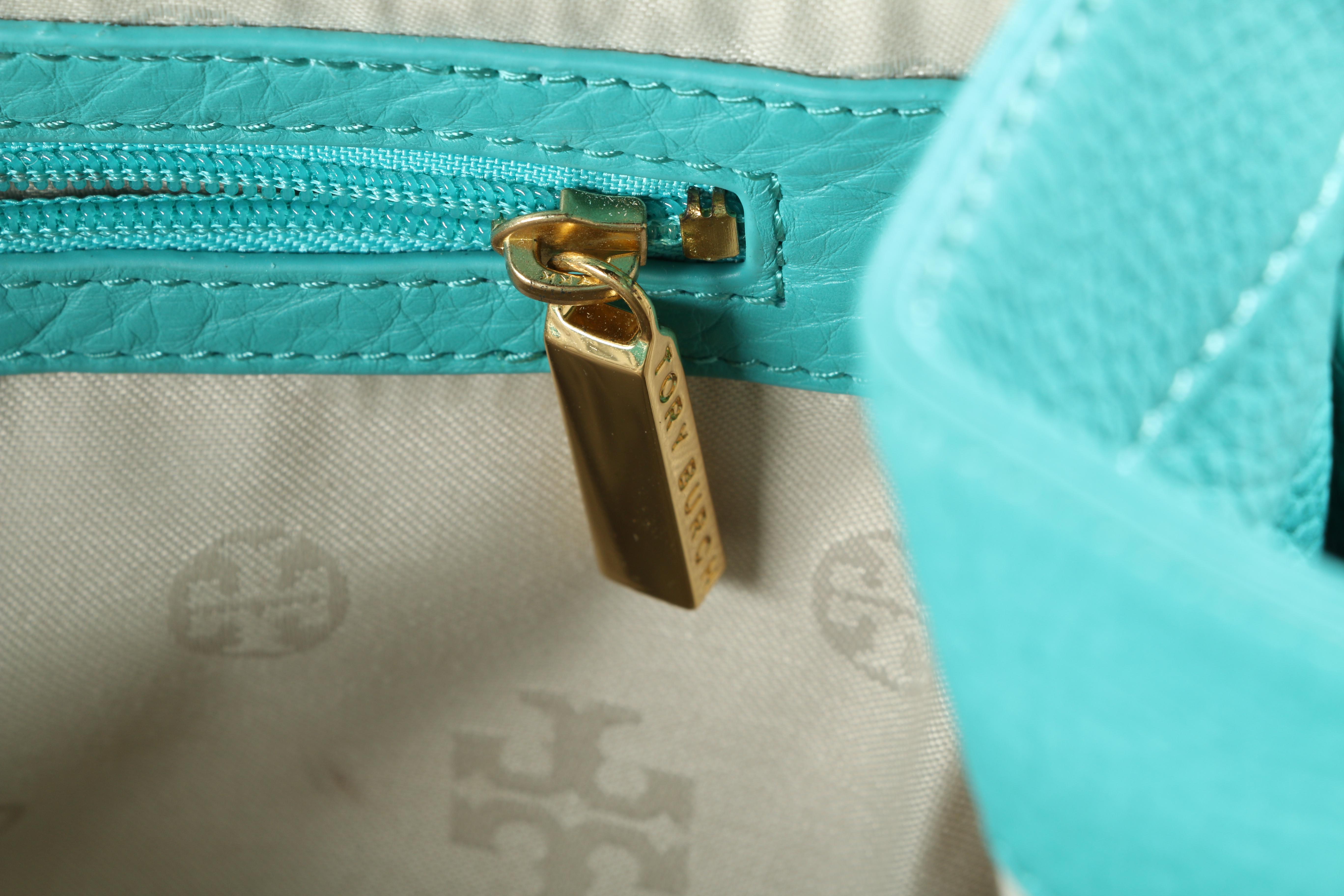 Tory Burch Turquoise Pebbled Leather Tote Bag
