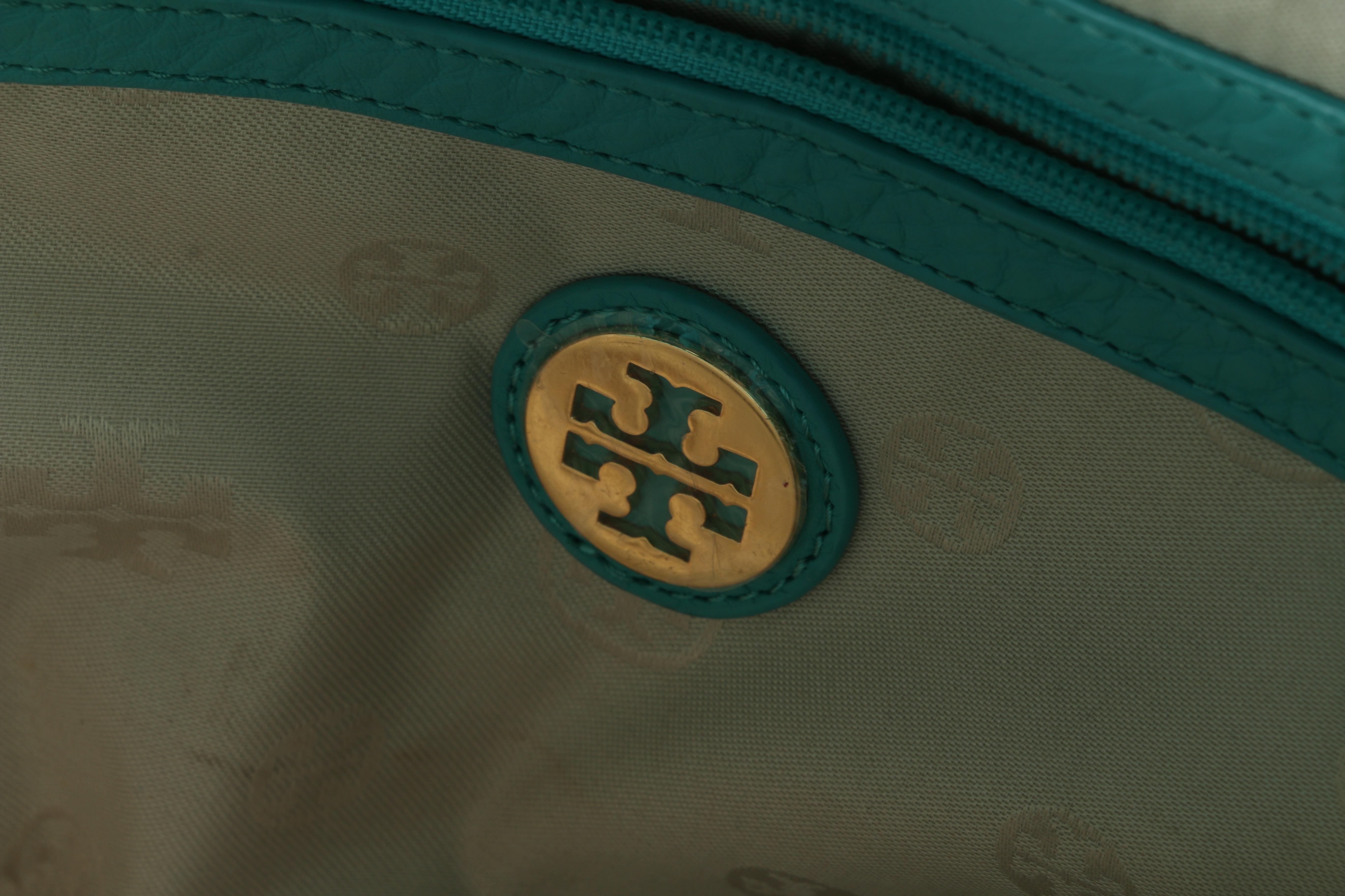 Tory Burch Turquoise Pebbled Leather Tote Bag