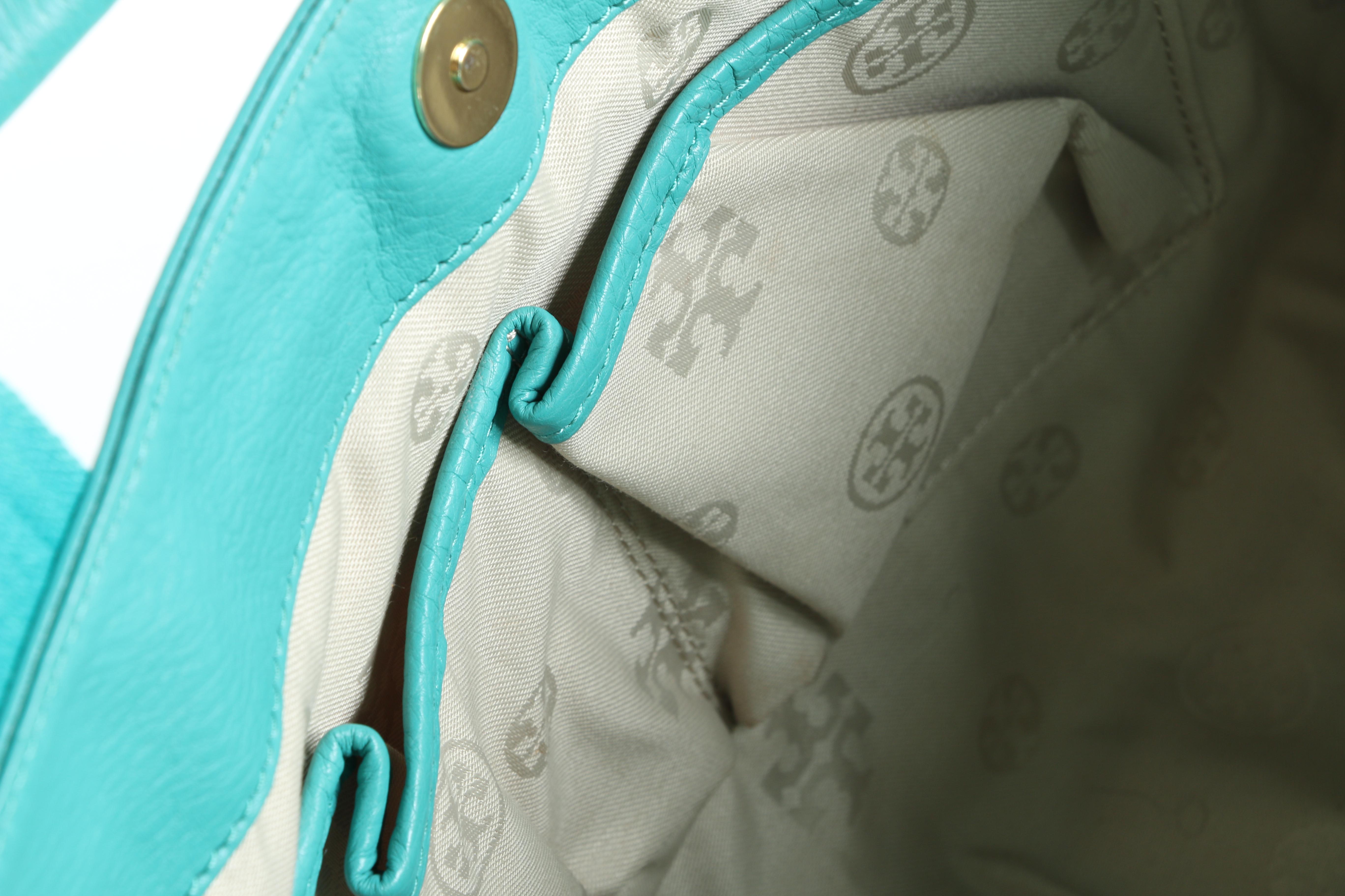 Tory Burch Turquoise Pebbled Leather Tote Bag