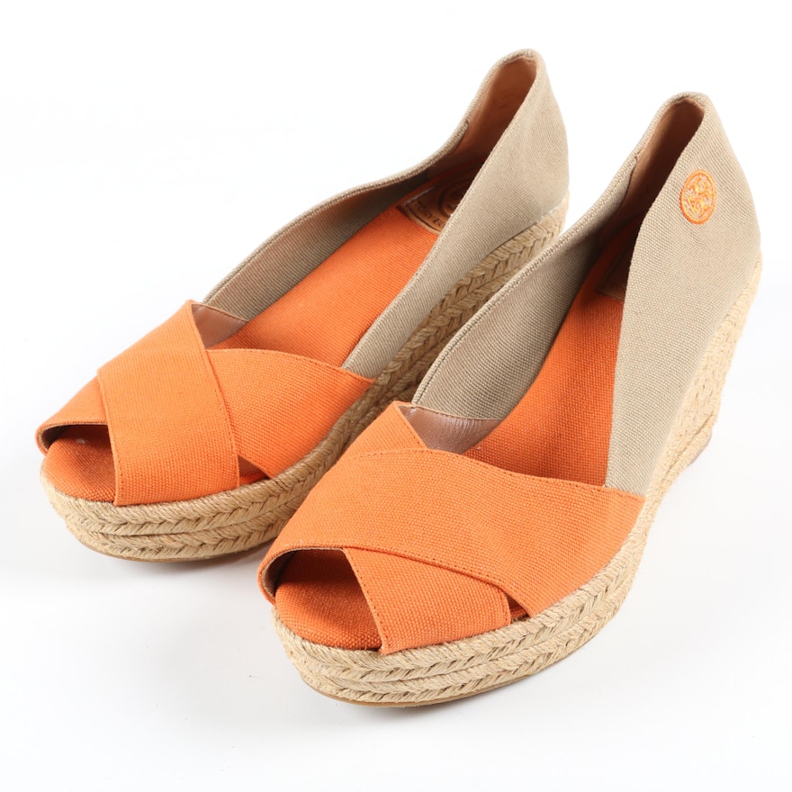 Tory Burch Filipa Orange and Tan Platform Espadrille Wedge Sandals