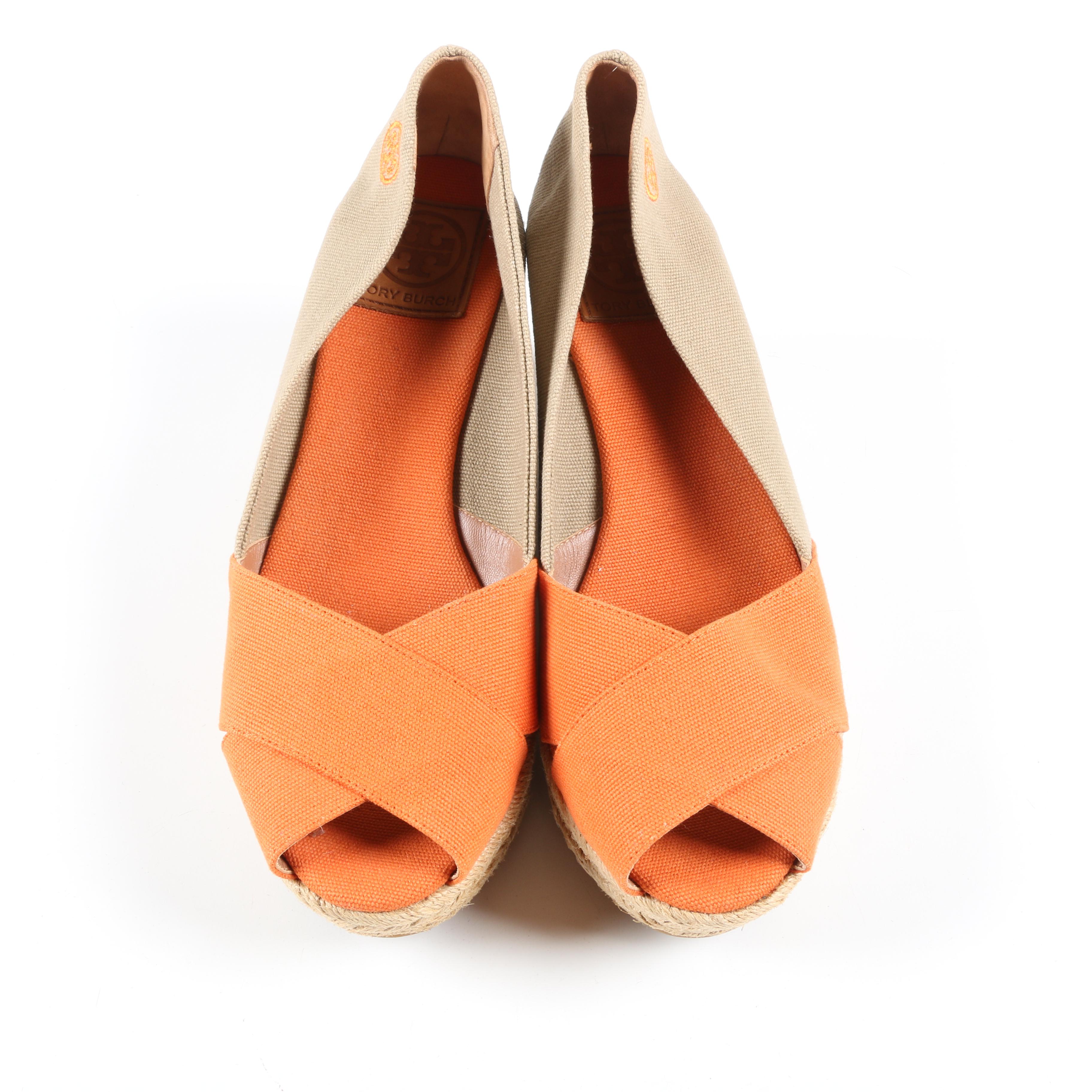 Tory Burch Filipa Orange and Tan Platform Espadrille Wedge Sandals