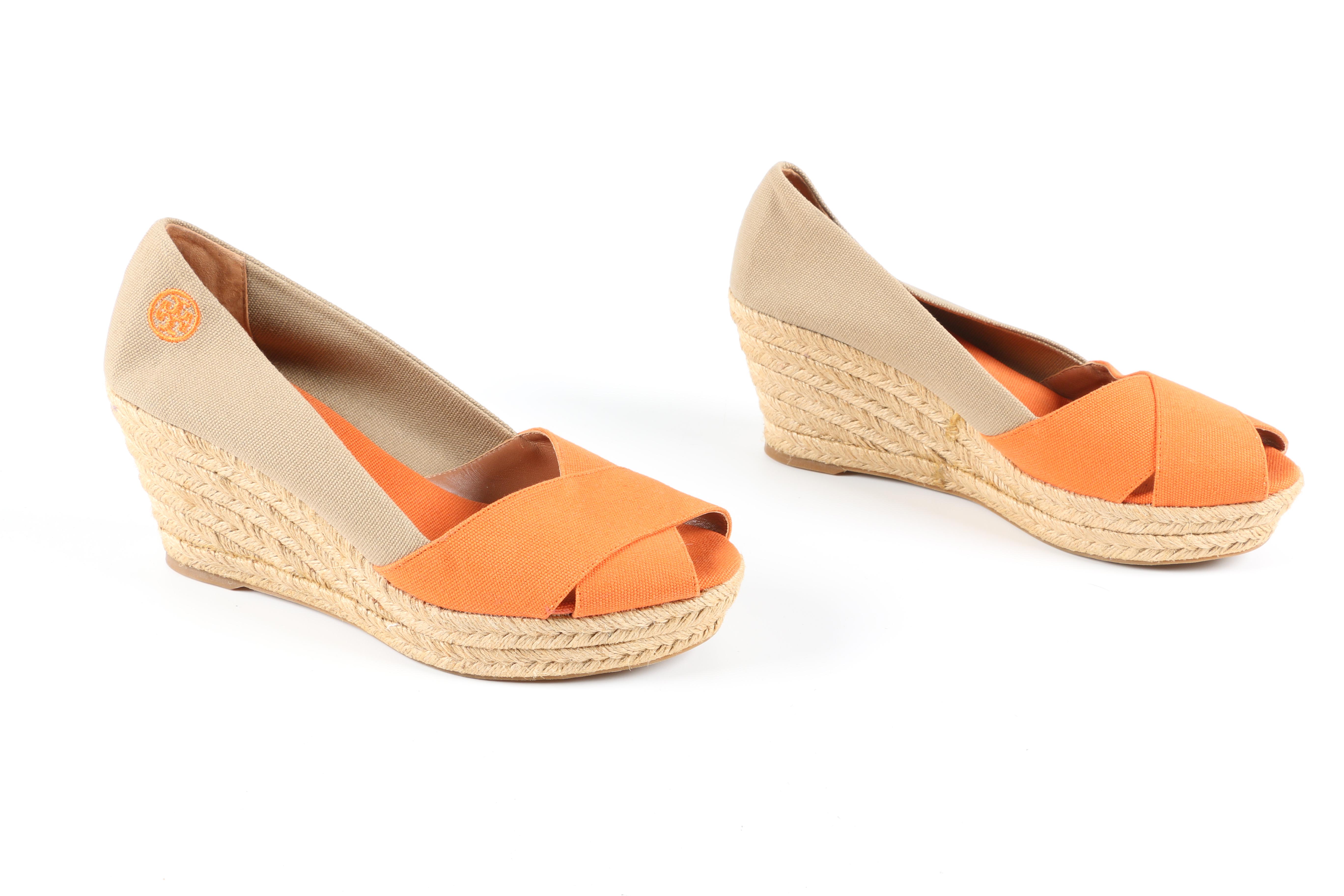 Tory Burch Filipa Orange and Tan Platform Espadrille Wedge Sandals