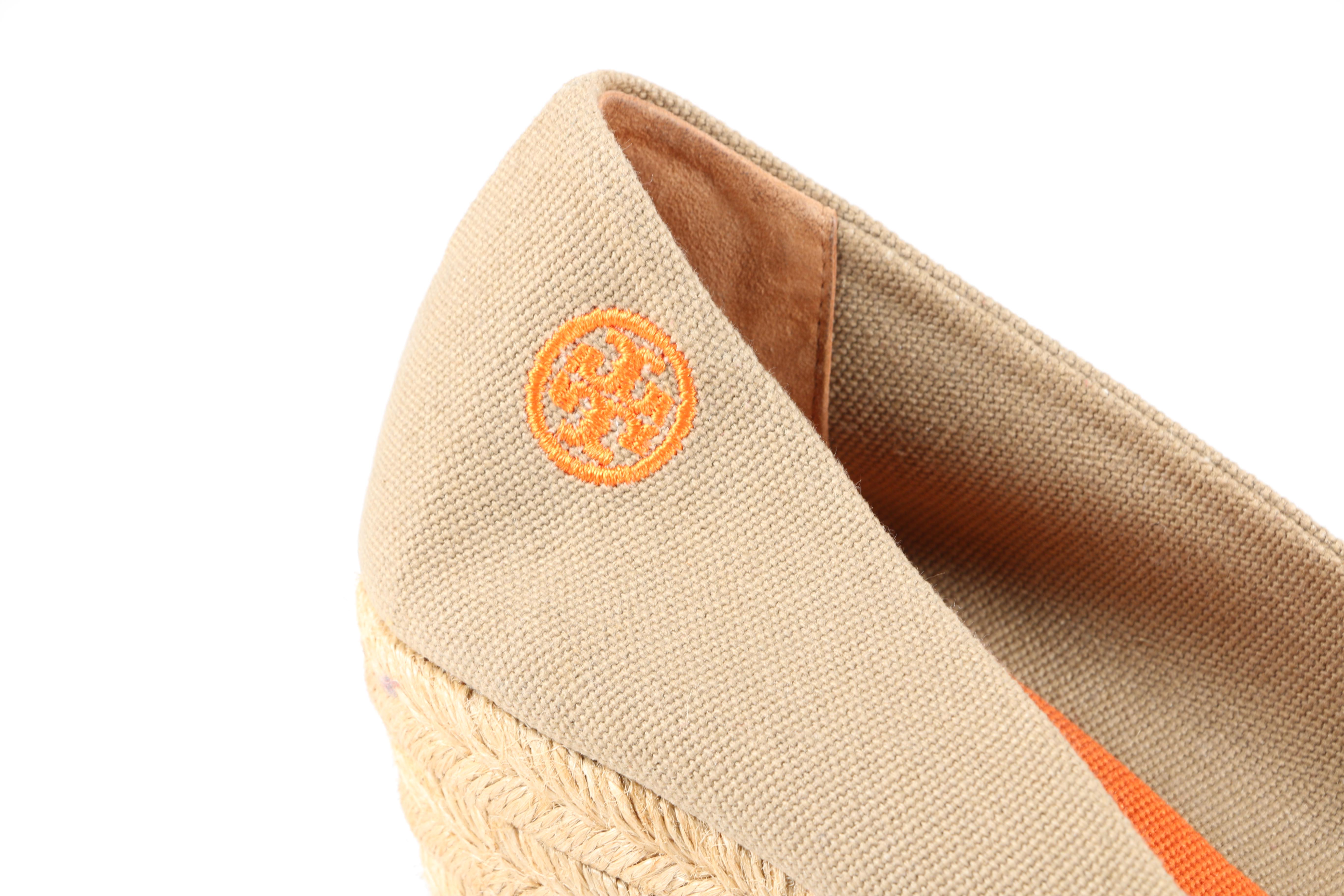 Tory Burch Filipa Orange and Tan Platform Espadrille Wedge Sandals