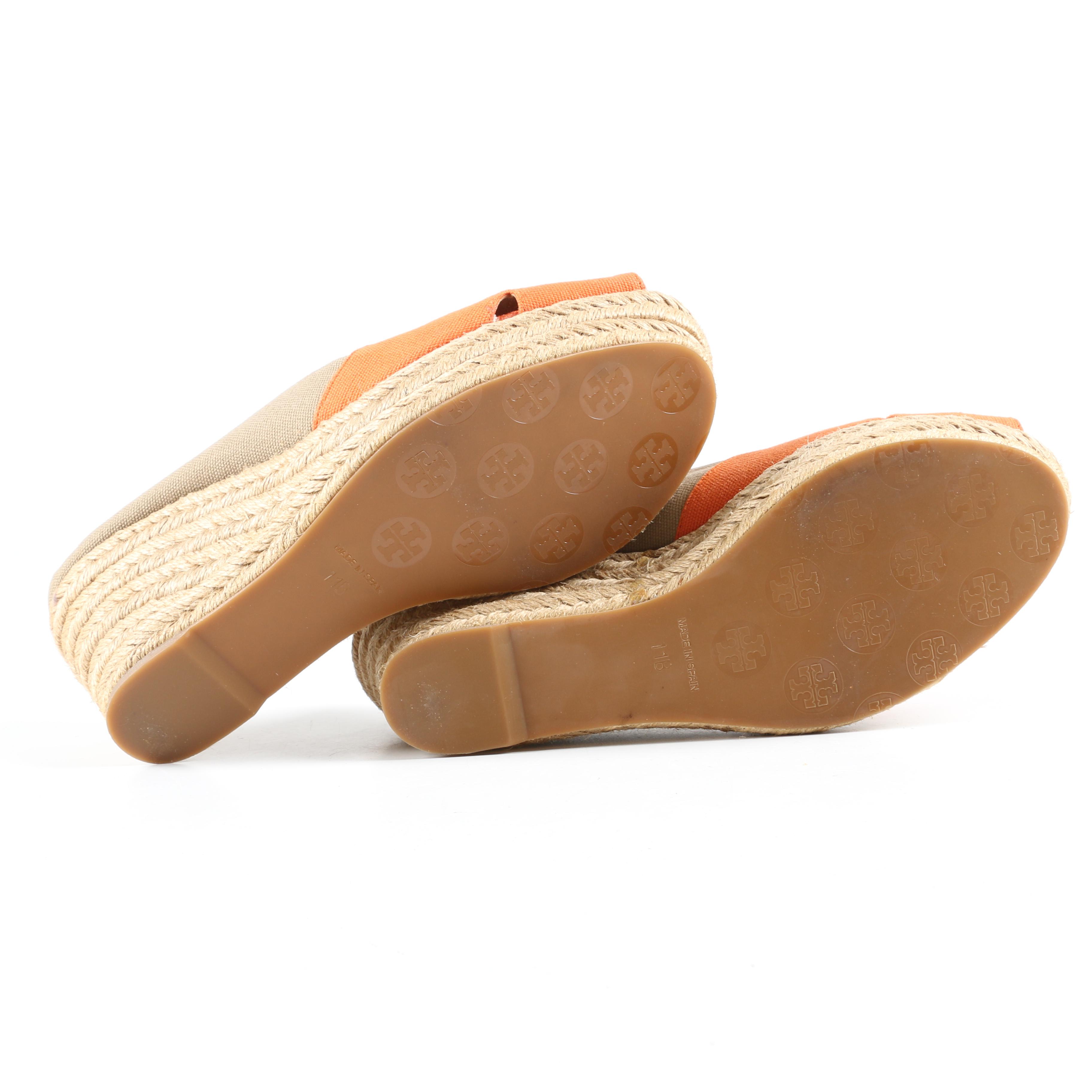 Tory Burch Filipa Orange and Tan Platform Espadrille Wedge Sandals