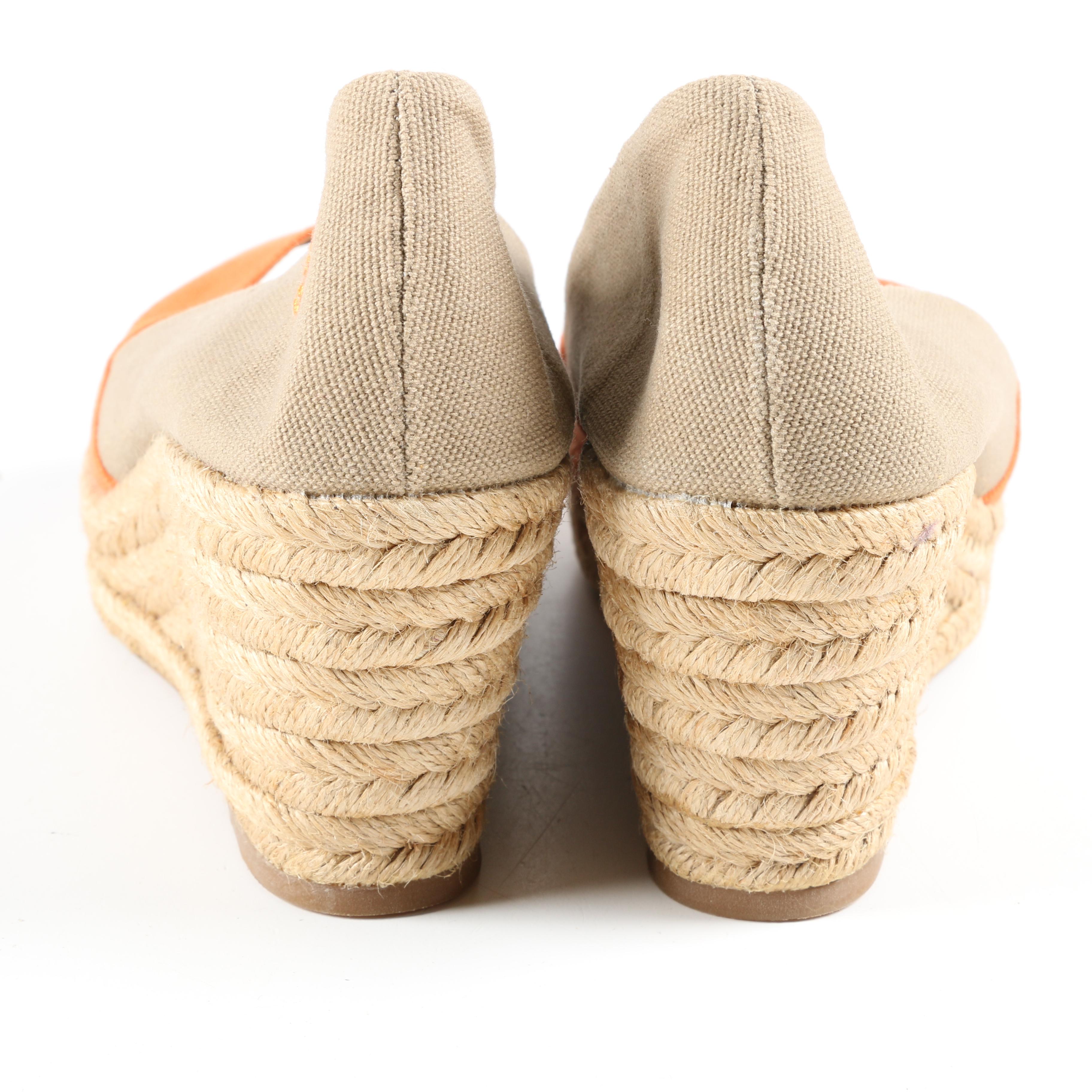Tory Burch Filipa Orange and Tan Platform Espadrille Wedge Sandals