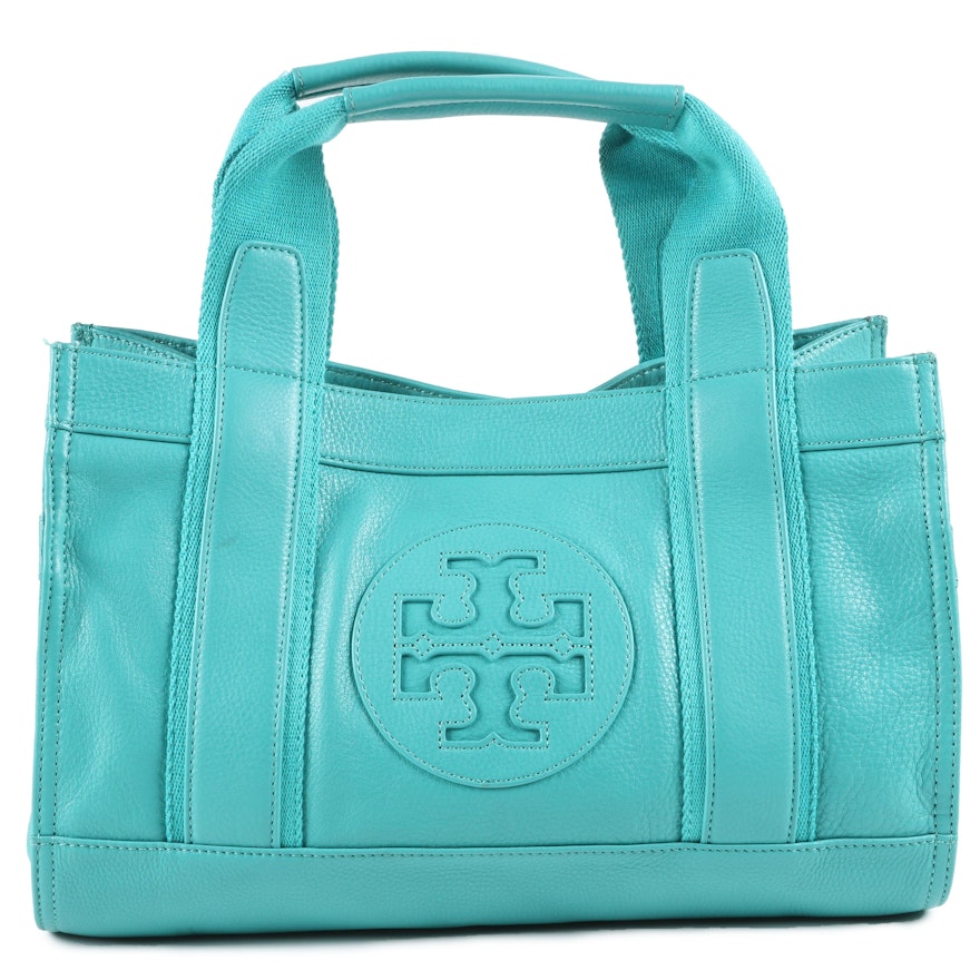 Tory Burch Turquoise Pebbled Leather Tote Bag