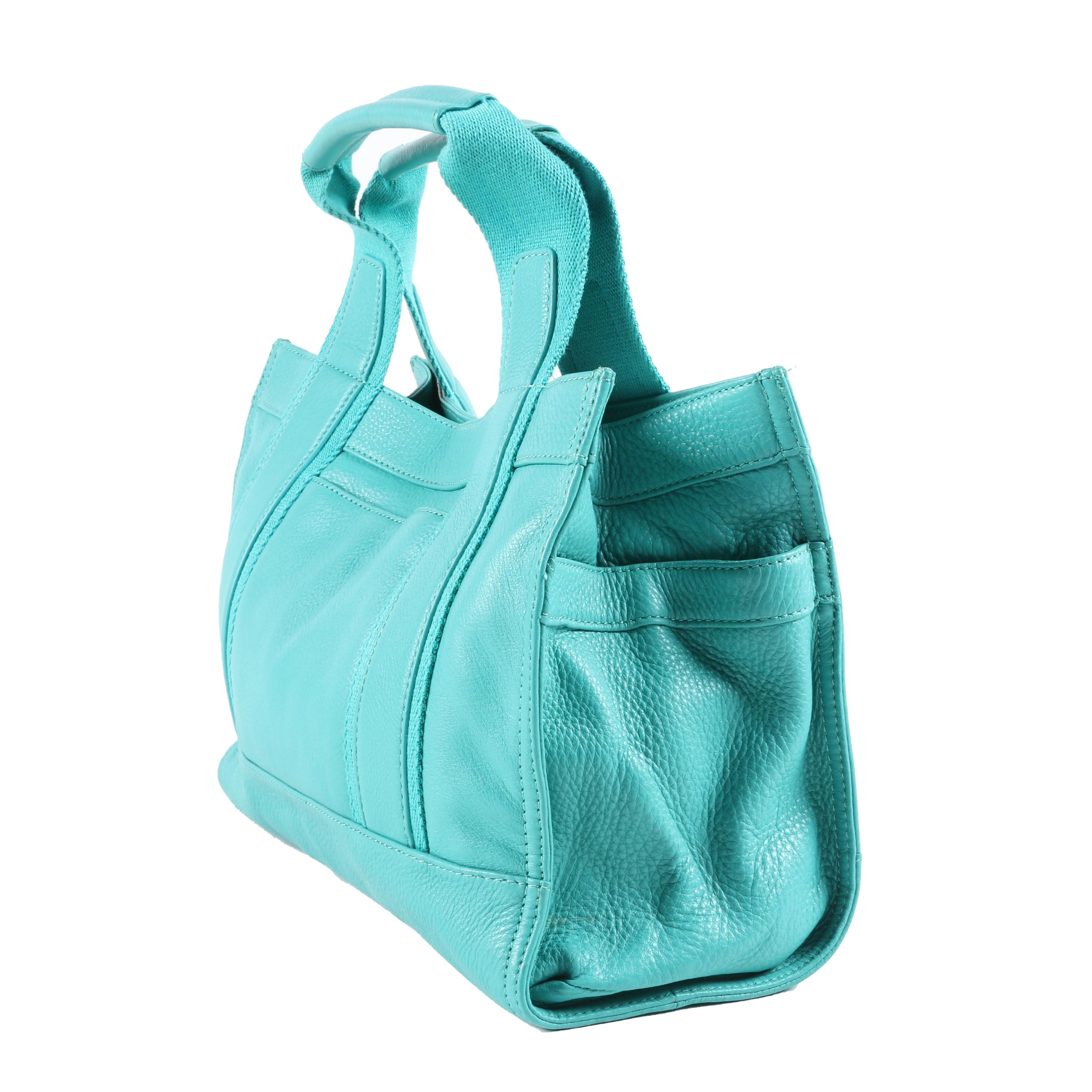Tory Burch Turquoise Pebbled Leather Tote Bag