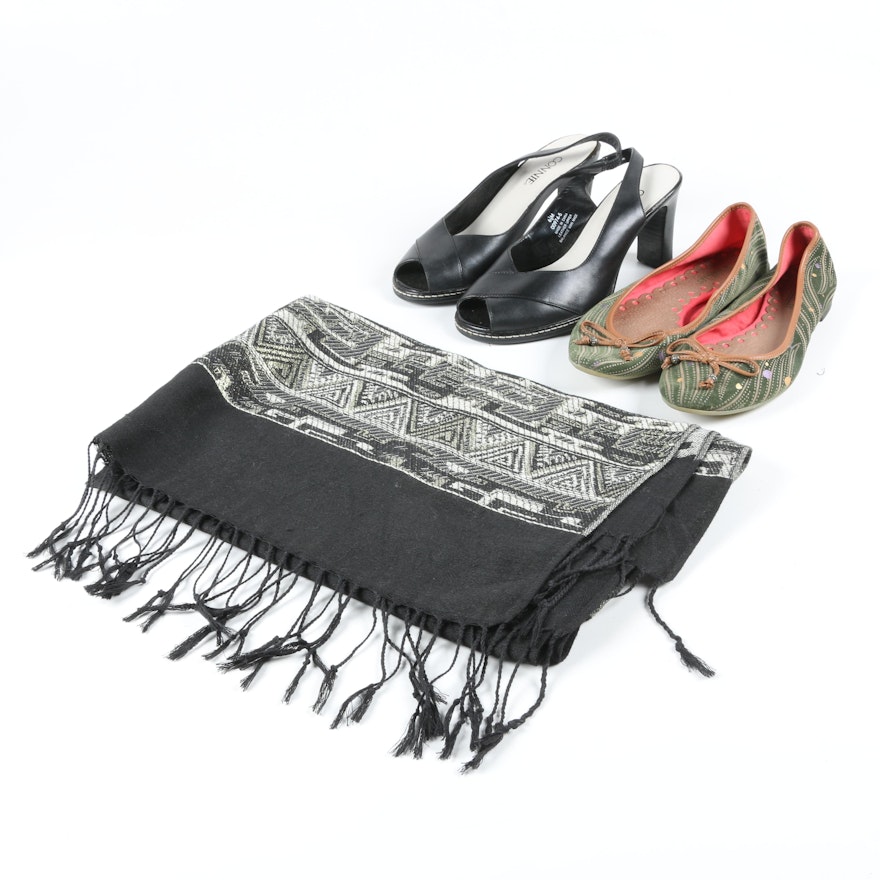 Connie Slingbacks, Seychelles Flats and a Woven Scarf with Fringe