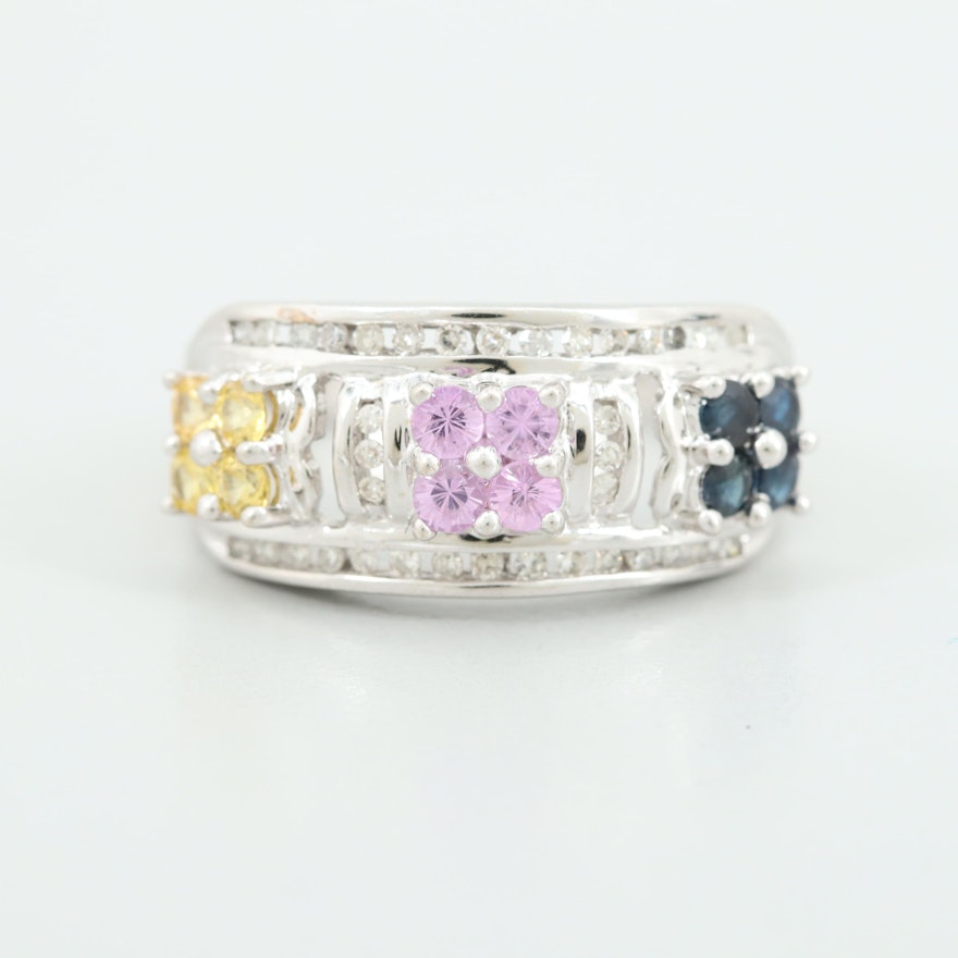 10K White Gold Multi-Colored Sapphire and Diamond Ring