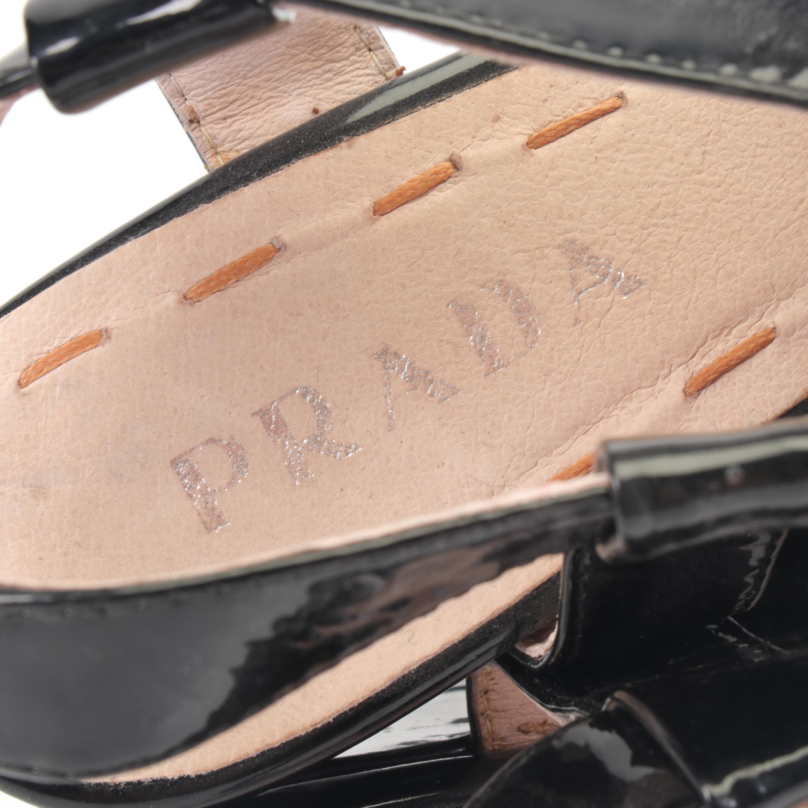 Prada Black Patent Leather Platform Wedge Heel Sandals
