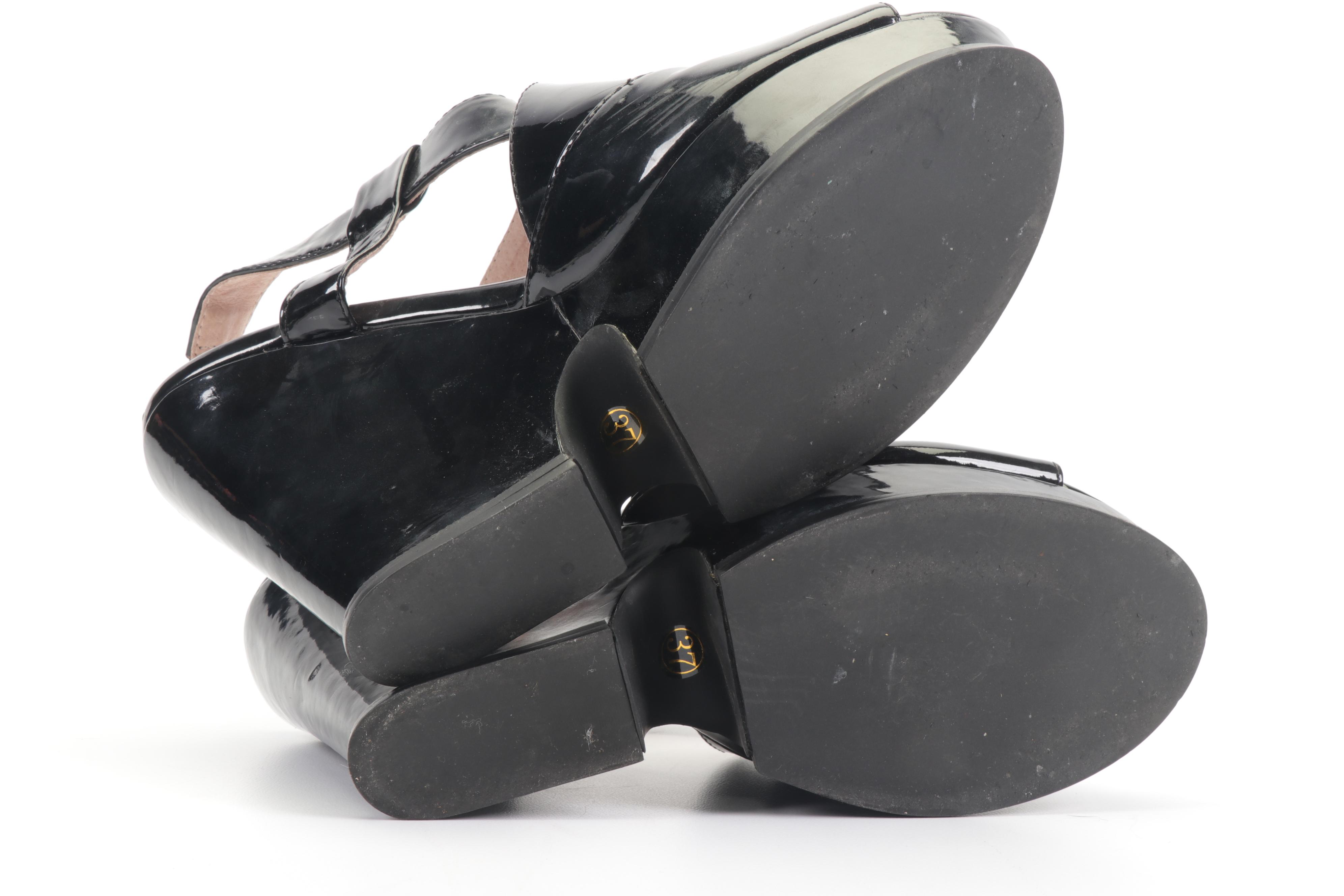 Prada Black Patent Leather Platform Wedge Heel Sandals
