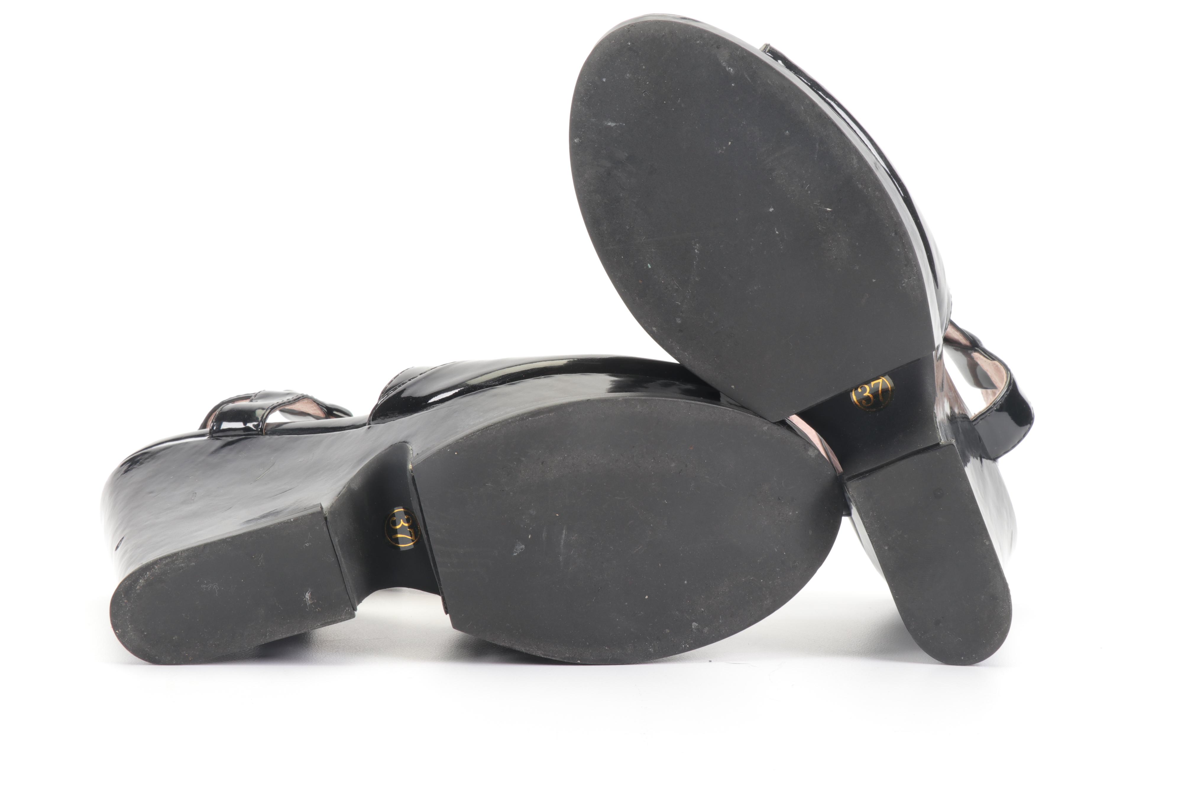 Prada Black Patent Leather Platform Wedge Heel Sandals