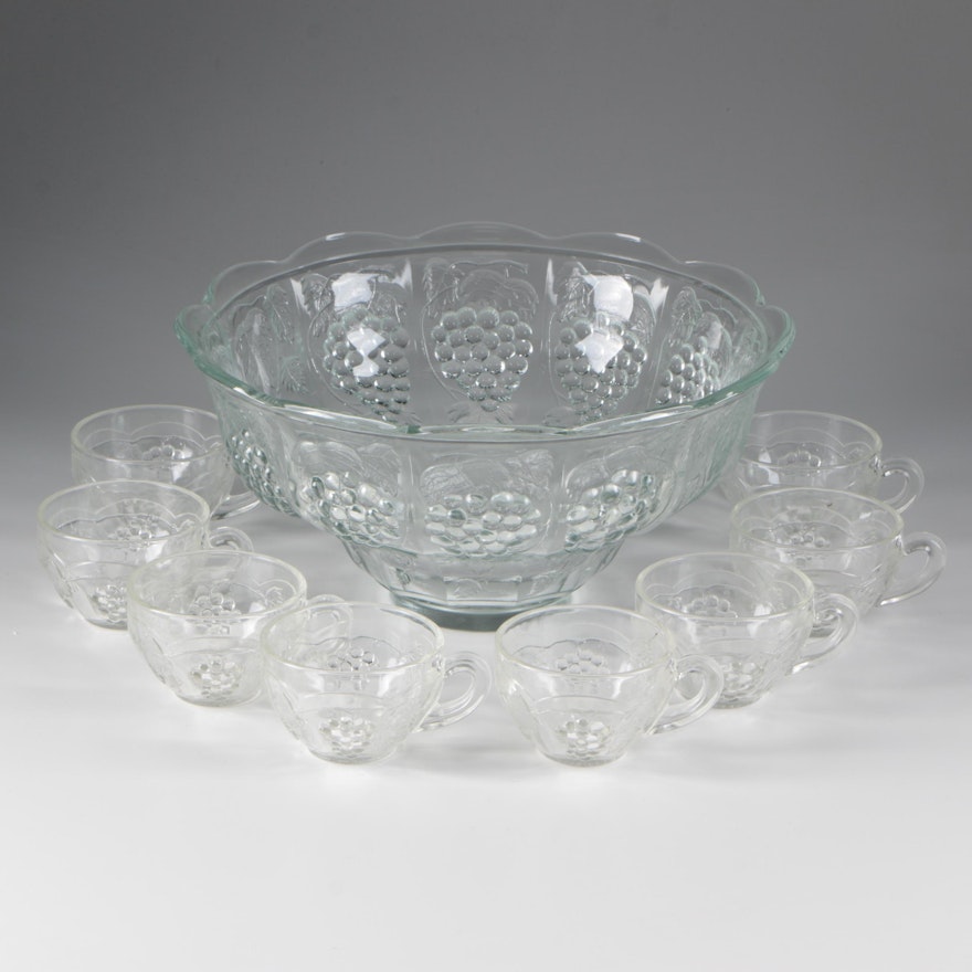 Punch Bowl and Cups in a "Grapes and Leaf" Pattern for 8